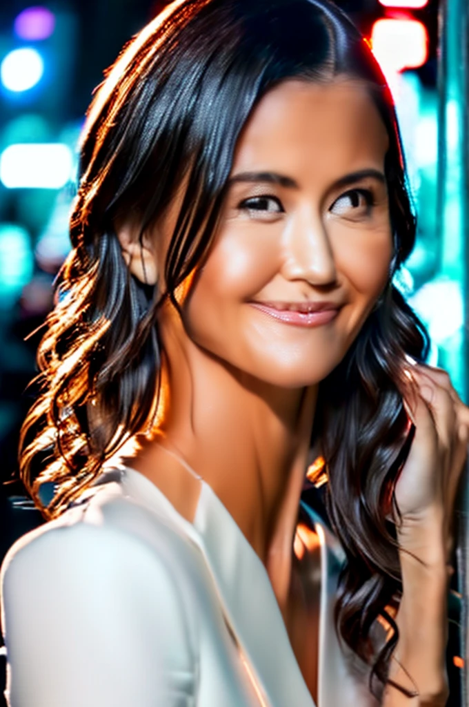 cinematic, Blue hour, (((Ultimate ultra Photorealistic, ultimate high-quality 32k photo))),(((An American shot photo, crossed arms, a42yo ultimate beautiful &cute Japanese actress:))),(((She has a very intelligent and ultimate beautiful Japanese face&black eyes, pointy nose, ultra detailed face, oval face, blushing cheeks, ultimate well-proportioned face with))),((black elegant wet short middle bob, very light naturally makeup)),(((She has the ultimately perfect nice&Sensual proportions, very just fitted v-neck half sleeve white elegant business buttonless Open-collar blouses , white beautiful ultimate realistic glossy wet Japanese lady Fair and beautiful skin , A simple and modest silver necklace,Stormy Summer very Humid and Hot very dark Night ,Tokyo business night street)))