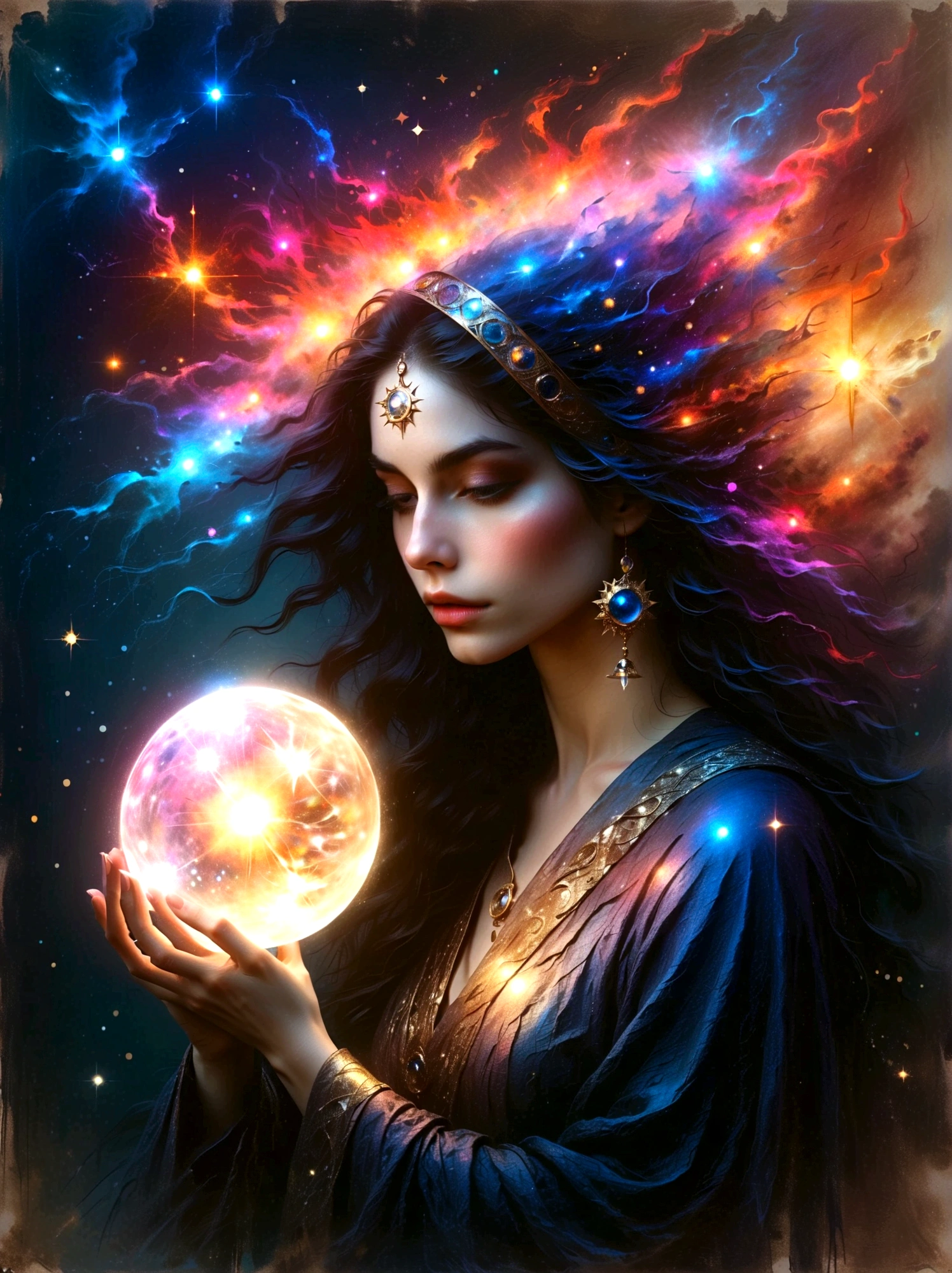 a mystic astrologer woman, flowing robes with intricate star patterns, holding a gleaming crystal ball, beautiful detailed eyes, beautiful detailed lips, long eyelashes, extremely detailed eyes and face, celestial background with stars and constellations, a desk filled with ancient scrolls and astrological tools, soft, ethereal lighting, dramatic shadows, slight bokeh effect, sharp focus, professional, vivid colors, artisan style, magical atmosphere, cosmic theme, (best quality, masterpiece:1.2), ultra-detailed, (realistic, photorealistic), illustration, 8k, highres
