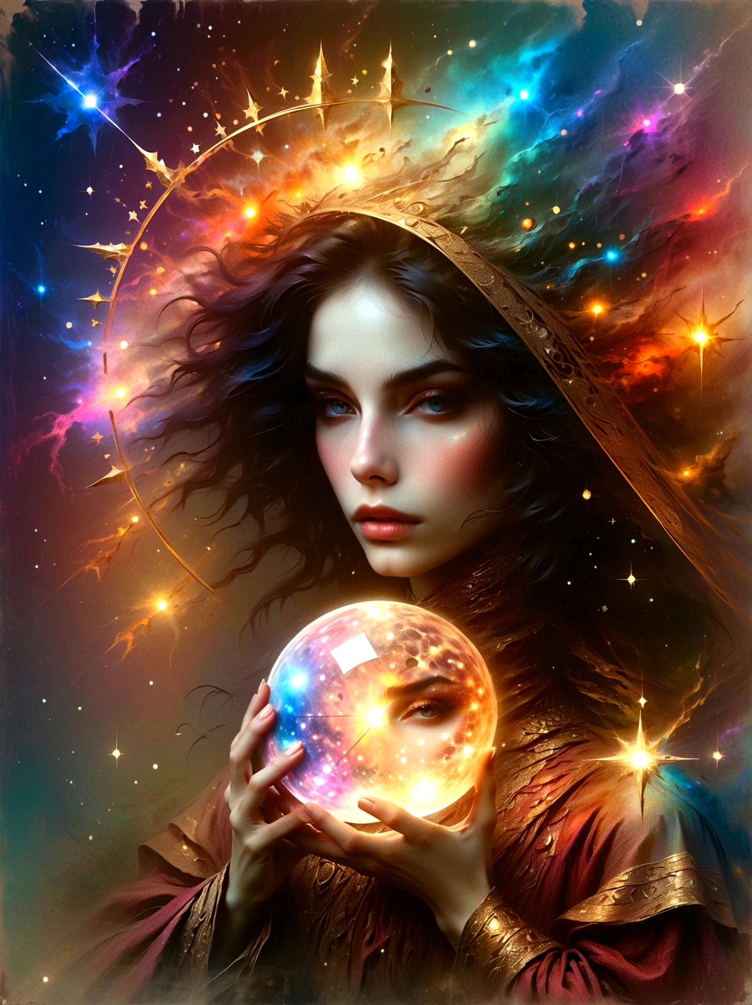 a mystic astrologer woman, flowing robes with intricate star patterns, holding a gleaming crystal ball, beautiful detailed eyes, beautiful detailed lips, long eyelashes, extremely detailed eyes and face, celestial background with stars and constellations, a desk filled with ancient scrolls and astrological tools, soft, ethereal lighting, dramatic shadows, slight bokeh effect, sharp focus, professional, vivid colors, artisan style, magical atmosphere, cosmic theme, (best quality, masterpiece:1.2), ultra-detailed, (realistic, photorealistic), illustration, 8k, highres