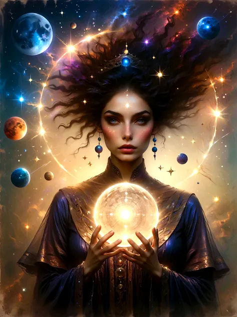 a mystic astrologer woman, flowing robes with intricate star patterns, holding a gleaming crystal ball, beautiful detailed eyes,...