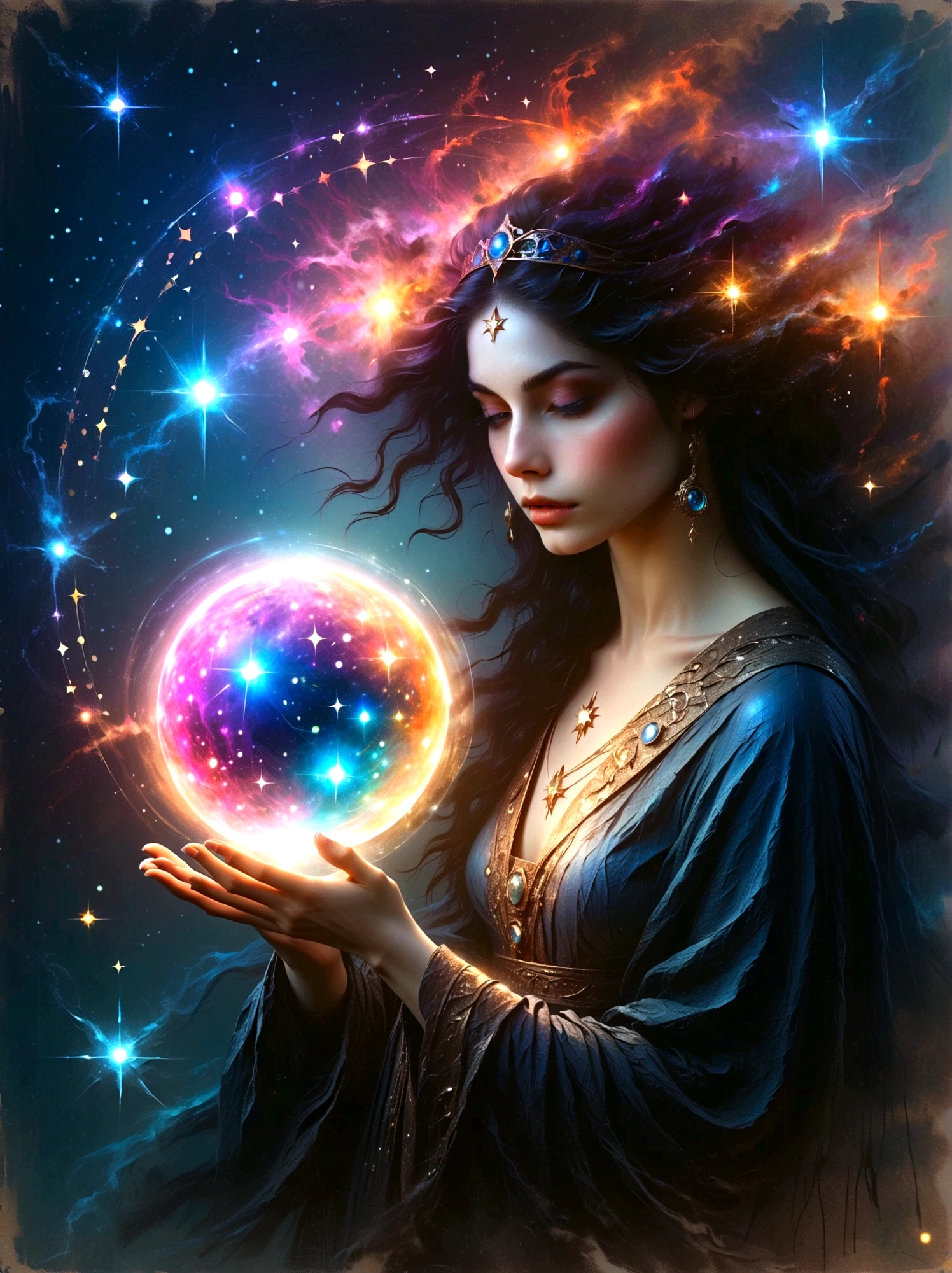 a mystic astrologer woman, flowing robes with intricate star patterns, holding a gleaming crystal ball, beautiful detailed eyes, beautiful detailed lips, long eyelashes, extremely detailed eyes and face, celestial background with stars and constellations, a desk filled with ancient scrolls and astrological tools, soft, ethereal lighting, dramatic shadows, slight bokeh effect, sharp focus, professional, vivid colors, artisan style, magical atmosphere, cosmic theme, (best quality, masterpiece:1.2), ultra-detailed, (realistic, photorealistic), illustration, 8k, highres