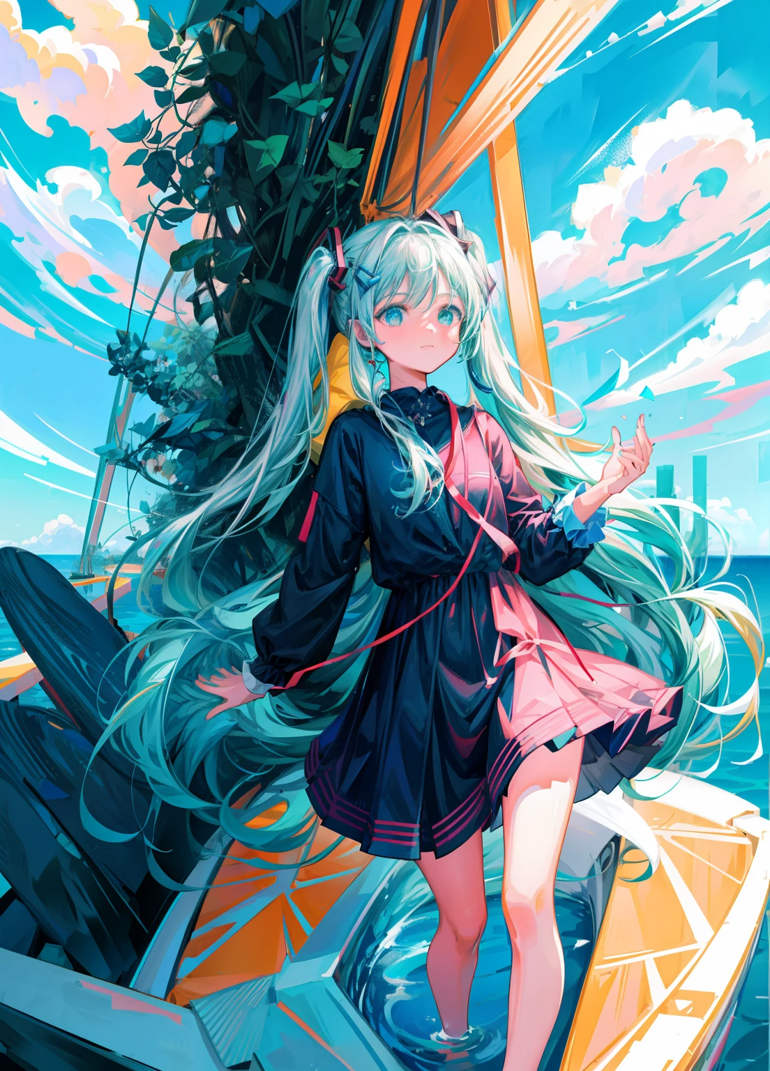 (masterpiece、Highest quality、Highest quality、Official Art、Beautiful and beautiful:1.2) Hatsune Miku, (One girl:1.3) with twin tails, features Beautiful breasts, showcasing a Logo with text "Harbour Bay Mouse" placed elegantly. The Wave Line Art Logo, bold in Black and dark blue, contrasts beautifully with the Light Blue and Bright Orange background. The design is minimal and pure, yet the detail is superb, focusing on a Whale in a simple yet super detailed silhouette. The attention to detail is evident in the Detail view, with Vectorization and precise use of Silhouette accentuating