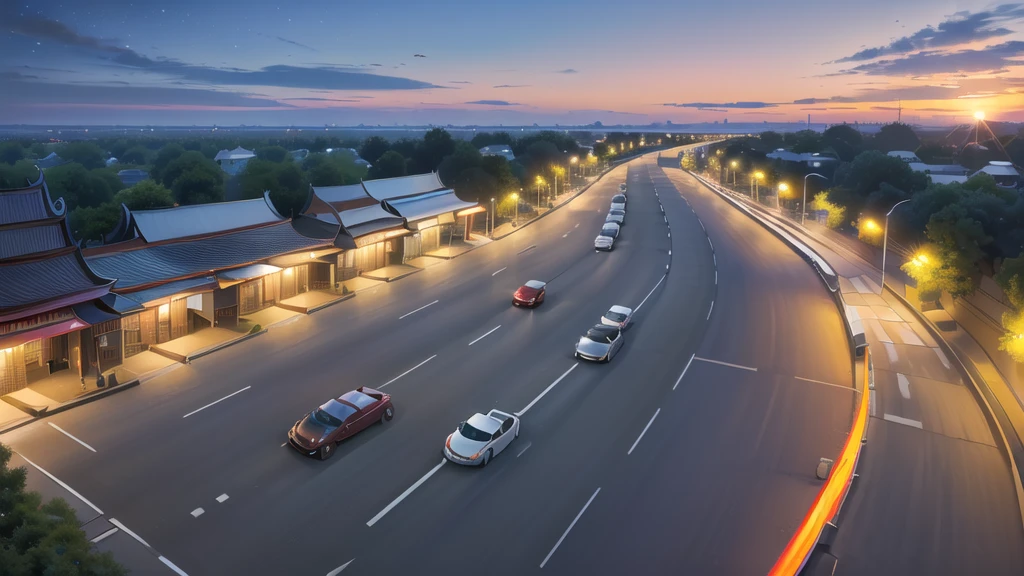 (ร้านอาหารริมroad :1.5),road ,(รถวิ่งบนนroad:1.6) capital landscape:1.5 ,(Many cars:1.5) ,nighttime