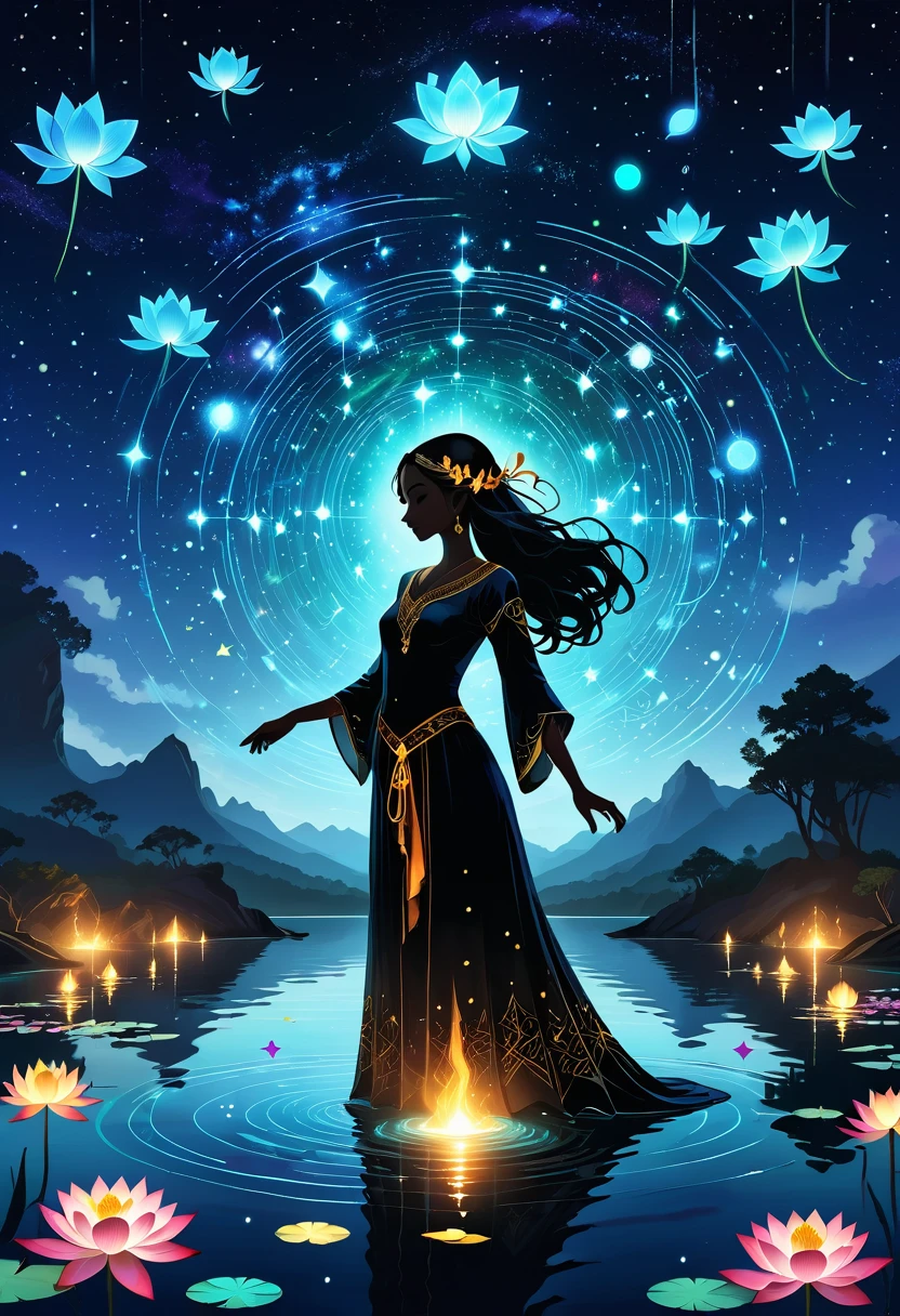 Astrologer，In the middle of the lake, Mysterious female black silhouette in the middle of the night, Surrounded by glowing constellations, Summoners dance to appease the spirits of the dead. Ceremonial canvas clothing. Sensual. Multiple magic arrays. Dynamic dance. Black Lotus. Colorful palette.