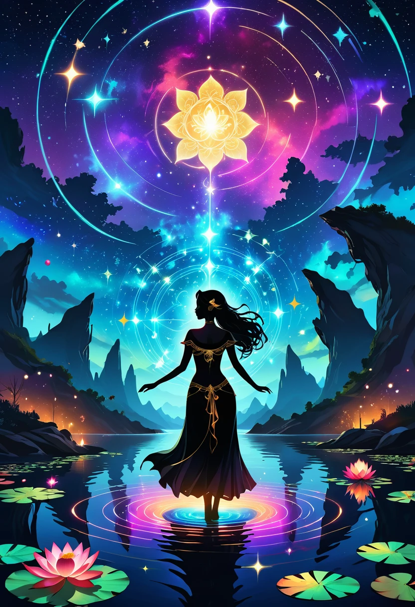 Astrologer,In the middle of the lake, Mysterious female black silhouette in the middle of the night, Surrounded by glowing constellations, Summoners dance to appease the spirits of the dead. Ceremonial canvas clothing. Sensual. Multiple magic arrays. Dynamic dance. Black Lotus. Colorful palette.