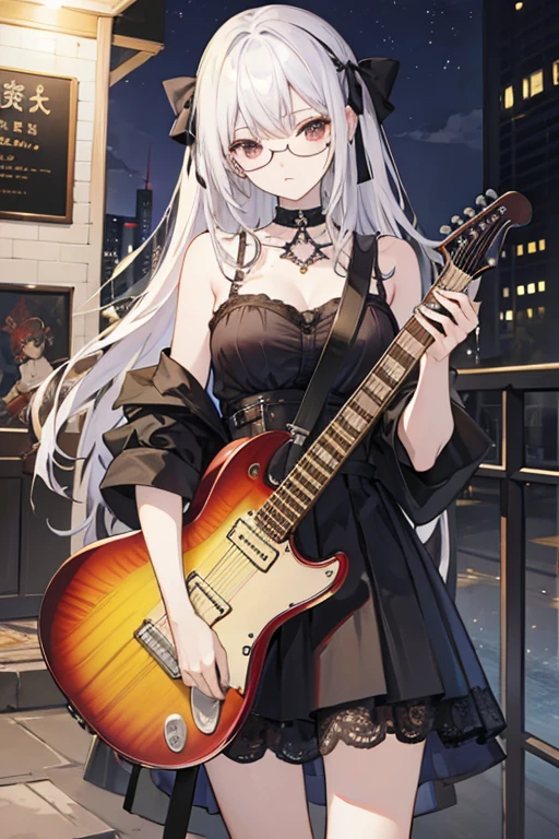 Highest quality、masterpiece、High sensitivity、High resolution、Detailed Description、Slender women、Slim Body、Glasses、Downtown at night、Electric guitar