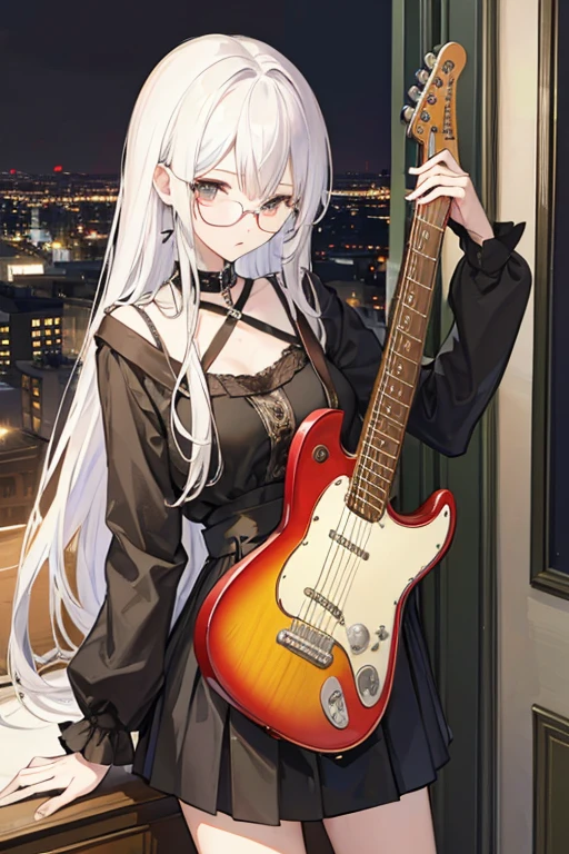 Highest quality、masterpiece、High sensitivity、High resolution、Detailed Description、Slender women、Slim Body、Glasses、Downtown at night、Electric guitar