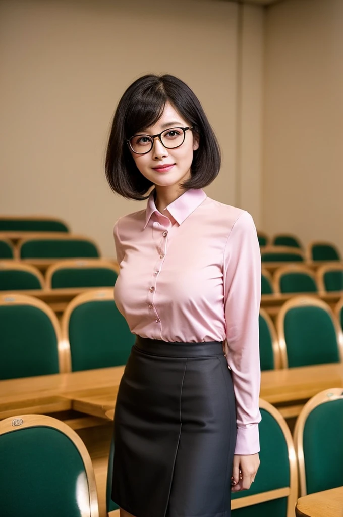 Adult feminine sex appeal、Sexy female scholar、University lecture hall, university psychology associate professor, ((full body)), ((photo)), ((best qualtiy, 8K, tmasterpiece:1.3)), Focus:1.2, perfect figure beautiful woman:1.41woman, cowboy shot, look at viewer, eyes facing the camera, incredibly absurd, beautiful and cute woman with a photorealistic face, showcasing top-quality craftsmanship, A Japanese woman giving a lecture at a university lecture hall, 27 years old, with a bob cut and flipped hair, short bangs swept at an angle, smooth and shiny hair, natural hairline, fair and smooth skin, plump and healthy cheeks, large, jet black eyes, round eyes, long and upward-facing eyelashes, double eyelids, thin and straight eyebrows, small and round nose, plump lips, upturned corners of the mouth, charming smile, cute face, glamorous, well-balanced proportions, tall, beautiful D-cup breasts, silver-rimmed glasses, pink blouse, black tight skirt, fashion with a waist-marked silhouette, scarf, heeled shoes, vanilla perfume, beautiful, pretty older woman, glasses suit her, knowledgeable, playful, curious, smart, elegant, November