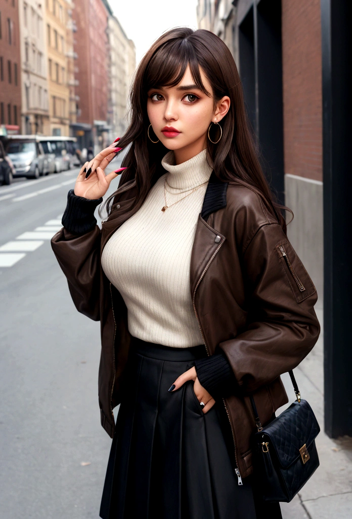 Characterful,, , 1 Girl, Ahog, Bangs, black skirt, black sweater, Blue nails, Vague, Vague background, breast, Brown eyes, Brown hair, brown jacket, Shut up, Outdated, sky, Depth of Field, earrings, eyelash, hands up, Head tilt, jacket, Jewelry, Long hair, Long sleeve, Looking at the audience, medium breast, Nail polish, Open clothes, open jacket, outdoor, Pursed lips, Tuck your shirt into your pants, Side lock, skirt, Sleeves over wrists, Solitary, sweater, Upper Body, zipper, , , ((masterpiece)), ,