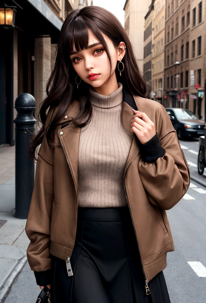 Characterful,, , 1 Girl, Ahog, Bangs, black skirt, black sweater, Blue nails, Vague, Vague background, breast, Brown eyes, Brown hair, brown jacket, Shut up, Outdated, sky, Depth of Field, earrings, eyelash, hands up, Head tilt, jacket, Jewelry, Long hair, Long sleeve, Looking at the audience, medium breast, Nail polish, Open clothes, open jacket, outdoor, Pursed lips, Tuck your shirt into your pants, Side lock, skirt, Sleeves over wrists, Solitary, sweater, Upper Body, zipper, , , ((masterpiece)), ,