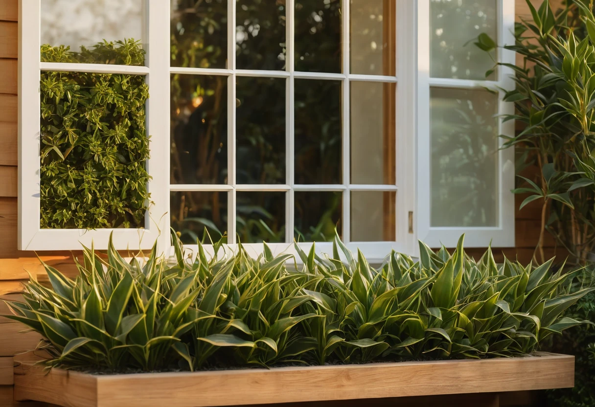 Close-up shot exterior photo of a large window framed with natural wood, showcasing the intricate details of the grain and texture. The glass is spotless, reflecting the soft golden light of the setting sun. Behind the window, decorative indoor plants add a touch of greenery, while the depth of field (dof) effect blurs the background, focusing attention on the window's craftsmanship and the serene outdoor garden beyond.
8k resolution, UHD, high-quality detail, depth of field (dof) effect, cinematic standards, modern architecture, natural materials, warm lighting, artistic composition, golden hour light.