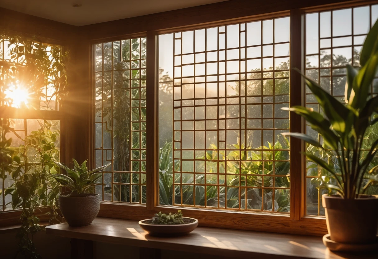 Close-up shot exterior photo of a large window framed with natural wood, showcasing the intricate details of the grain and texture. The glass is spotless, reflecting the soft golden light of the setting sun. Behind the window, decorative indoor plants add a touch of greenery, while the depth of field (dof) effect blurs the background, focusing attention on the window's craftsmanship and the serene outdoor garden beyond.

8k resolution, UHD, high-quality detail, depth of field (dof) effect, cinematic standards, modern architecture, natural materials, warm lighting, artistic composition, golden hour light.
