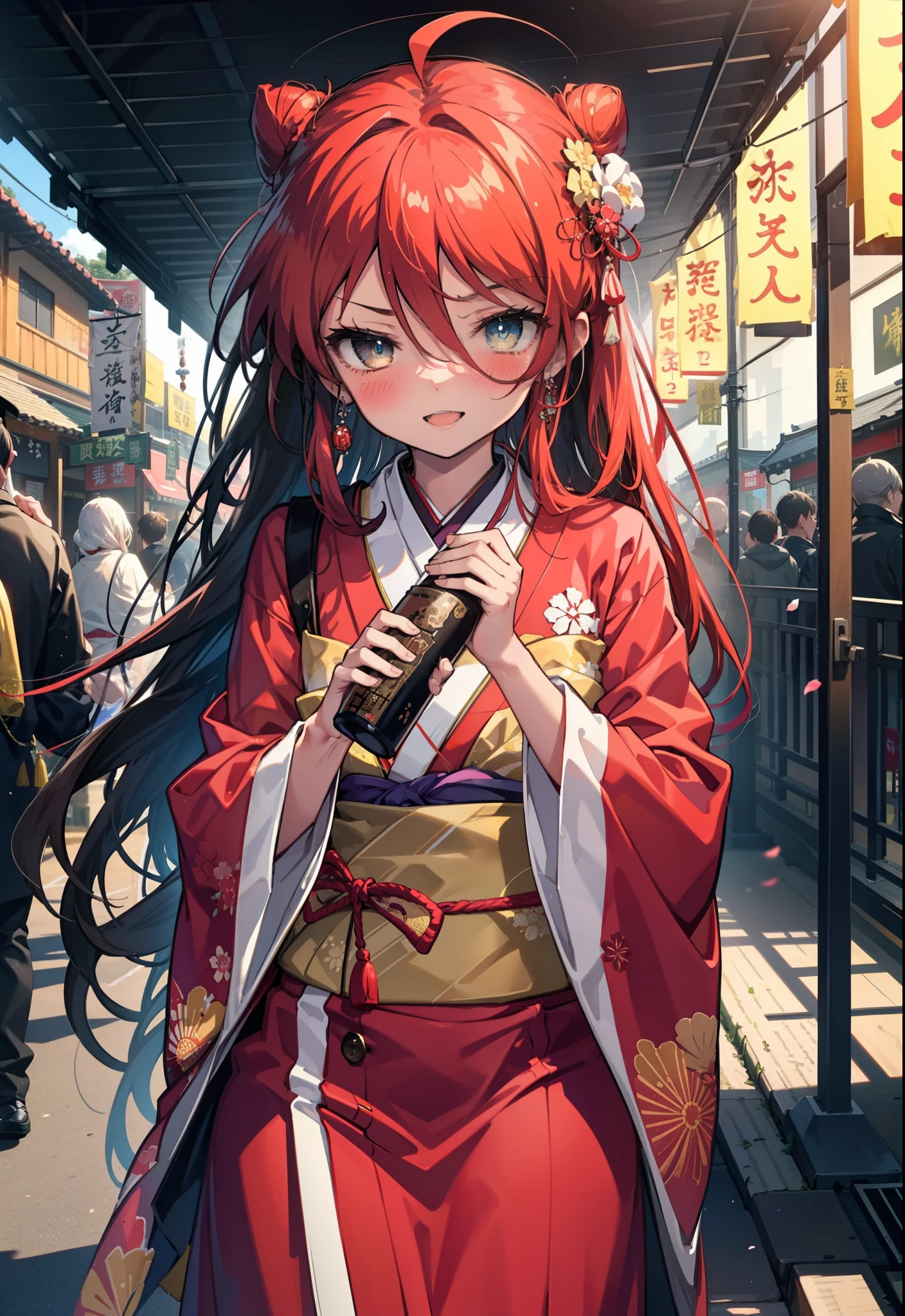 Shana,灼眼のShana,Long Hair, Redhead, Red eyes,Ahoge,smile,blush,Open your mouth,Hair Bun, single Hair Bun,blush,Red Kimono,Thick sleeves,Red long skirt,日本のfestival,夏festivalの屋台,Red lantern, break looking at viewer, Upper Body, break outdoors, shrine,festival, break (masterpiece:1.2), Highest quality, High resolution, unity 8k wallpaper, (shape:0.8), (Beautiful and beautiful eyes:1.6), Highly detailed face, Perfect lighting, Highly detailed CG, (Perfect hands, Perfect Anatomy),