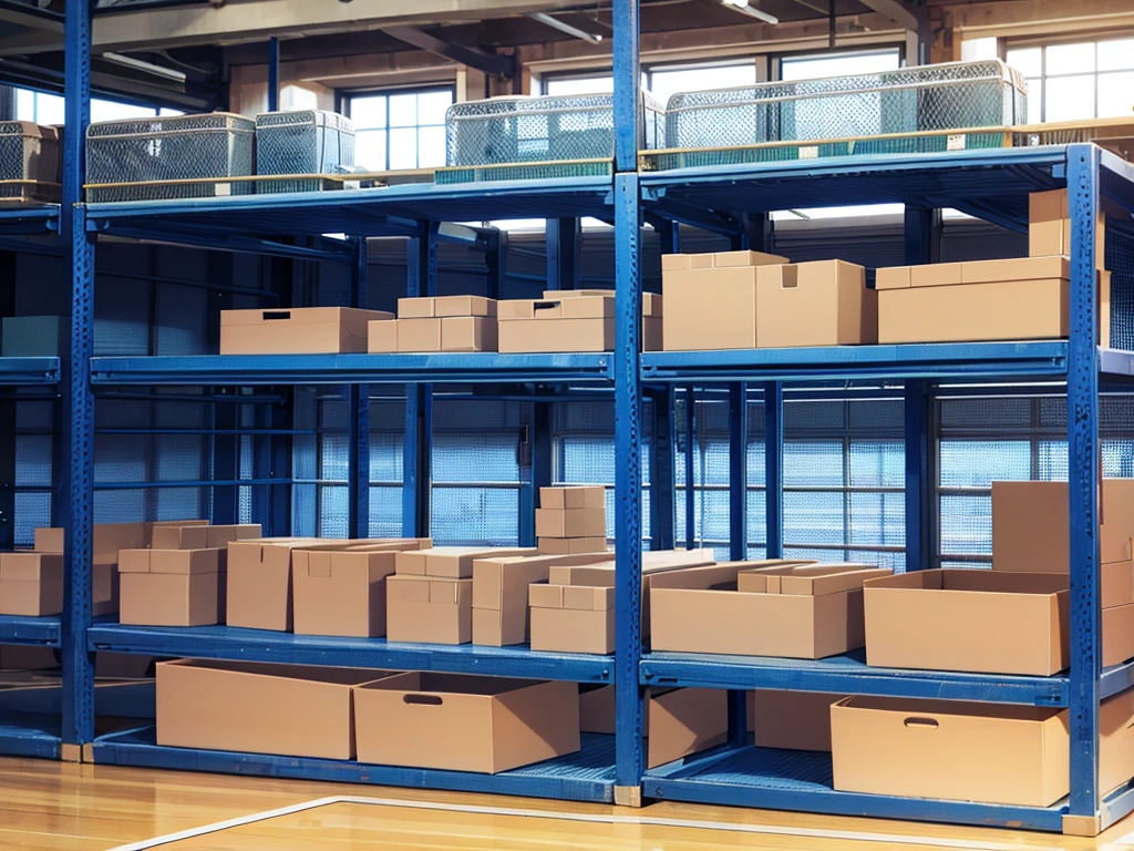 A school warehouse, crates, basketballs