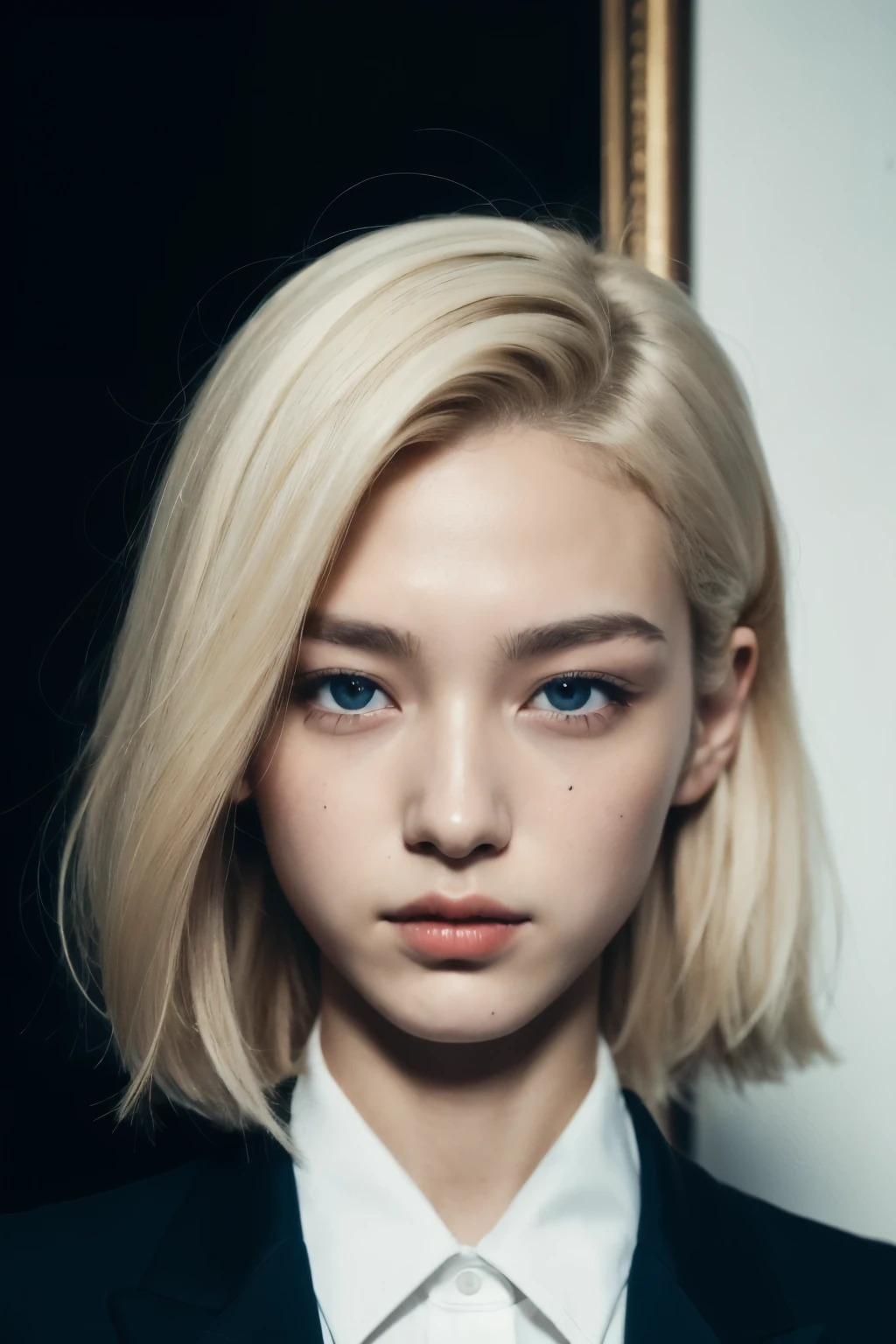 Portrait of European girl,Solitary,20 years old,Pretty Face,Upper body,Hair covering one eye,Medium side cut, Blonde hair, Clear focus,Black suit