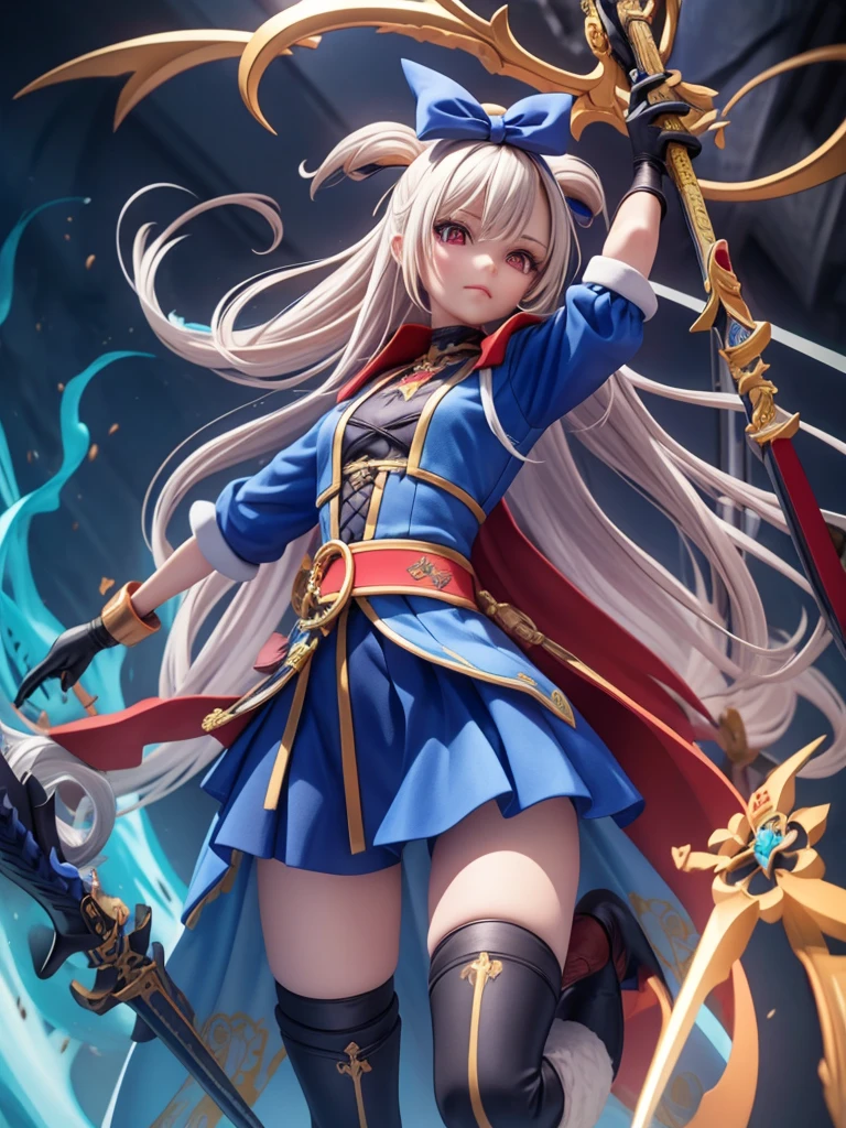 female mascot, small, , Ray-tracing, Waist slender, small, with ancient clothes, detailed, Russian robes, warm clothing, hot pants e botas, with sword in hand, futuristic gun pointing left, pose to the left, detailed doom style sword, large sword with different colors, futuristic sword, cintura small, complex light, cyberpunk sword in hand, sock with horizontal stripes in two colors up to the thigh, complex light, wool, pants with many folds, exclusive gloves, dynamic position, dark look, dark look, giant sword in hand, attacking, belts around the waist, detailed hem, giant laser sword, dark look, shorts, Darkening, Eyes red, Traits I didn't bring, prints, big thorns bracelet, shorth hair, Power spells,High subsurface, High subsurface, occlusion environment, ((dark look)), dark look, black costumes, shorth hair, big gloves, Bodysuit, (tied hair), hair divided into two, full-body vision, hair tied with ribbons and large bows, joelheiras detailed, ((blackquality hair)), ((blue short dress with stylish rip at the waist)),mortal kombat, detailed top, shoulder pads rich in details, Thigh-high boots, hair divided into two, stamped, red details,((sexy)),(((peitões))),(((super sensual)))