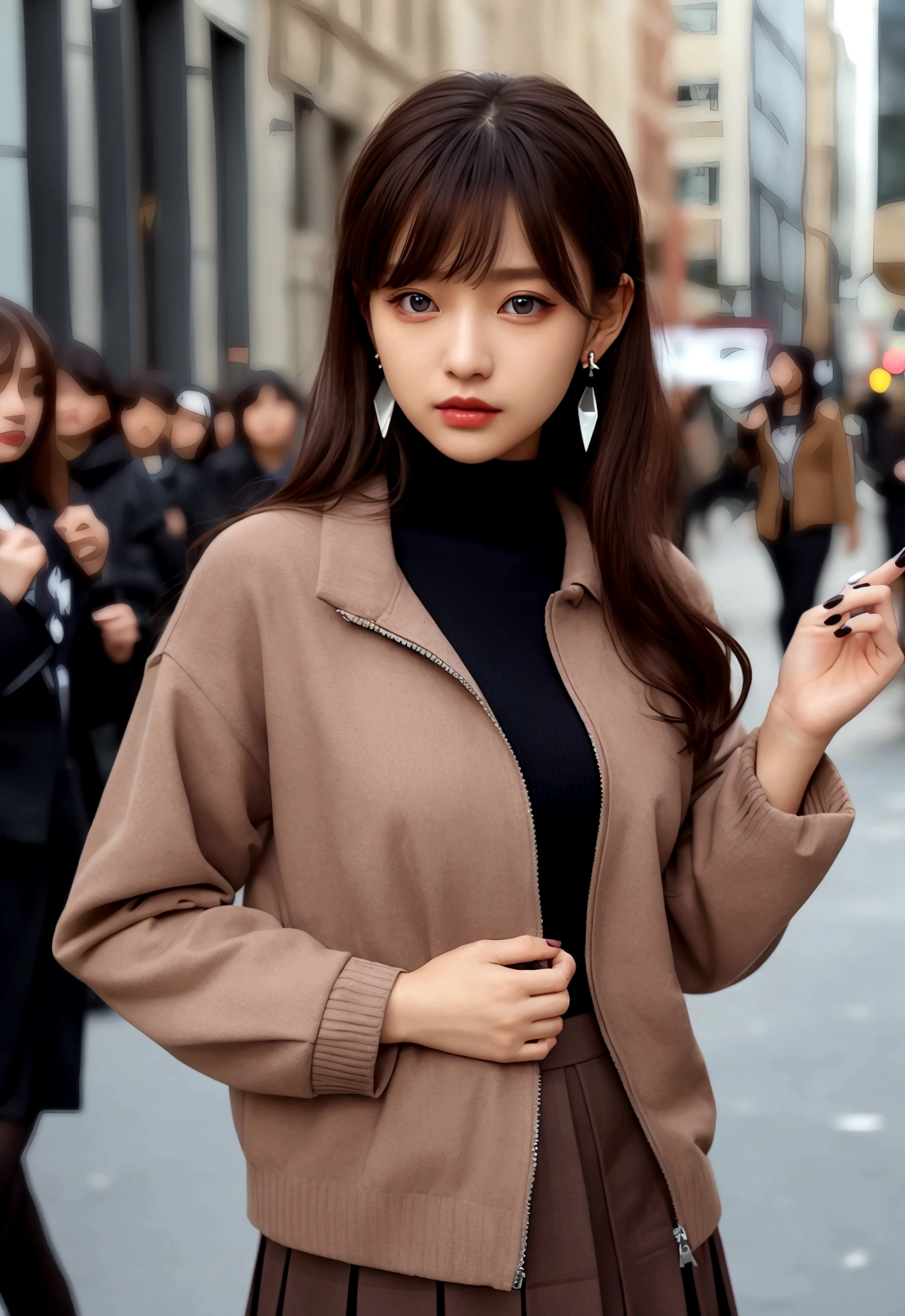 Characterful,, , 1 Girl, Ahog, Bangs, black skirt, black sweater, Blue nails, Vague, Vague background, breast, Brown eyes, Brown hair, brown jacket, Shut up, Outdated, sky, Depth of Field, earrings, eyelash, hands up, Head tilt, jacket, Jewelry, Long hair, Long sleeve, Looking at the audience, medium breast, Nail polish, Open clothes, open jacket, outdoor, Pursed lips, Tuck your shirt into your pants, Side lock, skirt, Sleeves over wrists, Solitary, sweater, Upper Body, zipper, , , ((masterpiece)), ,