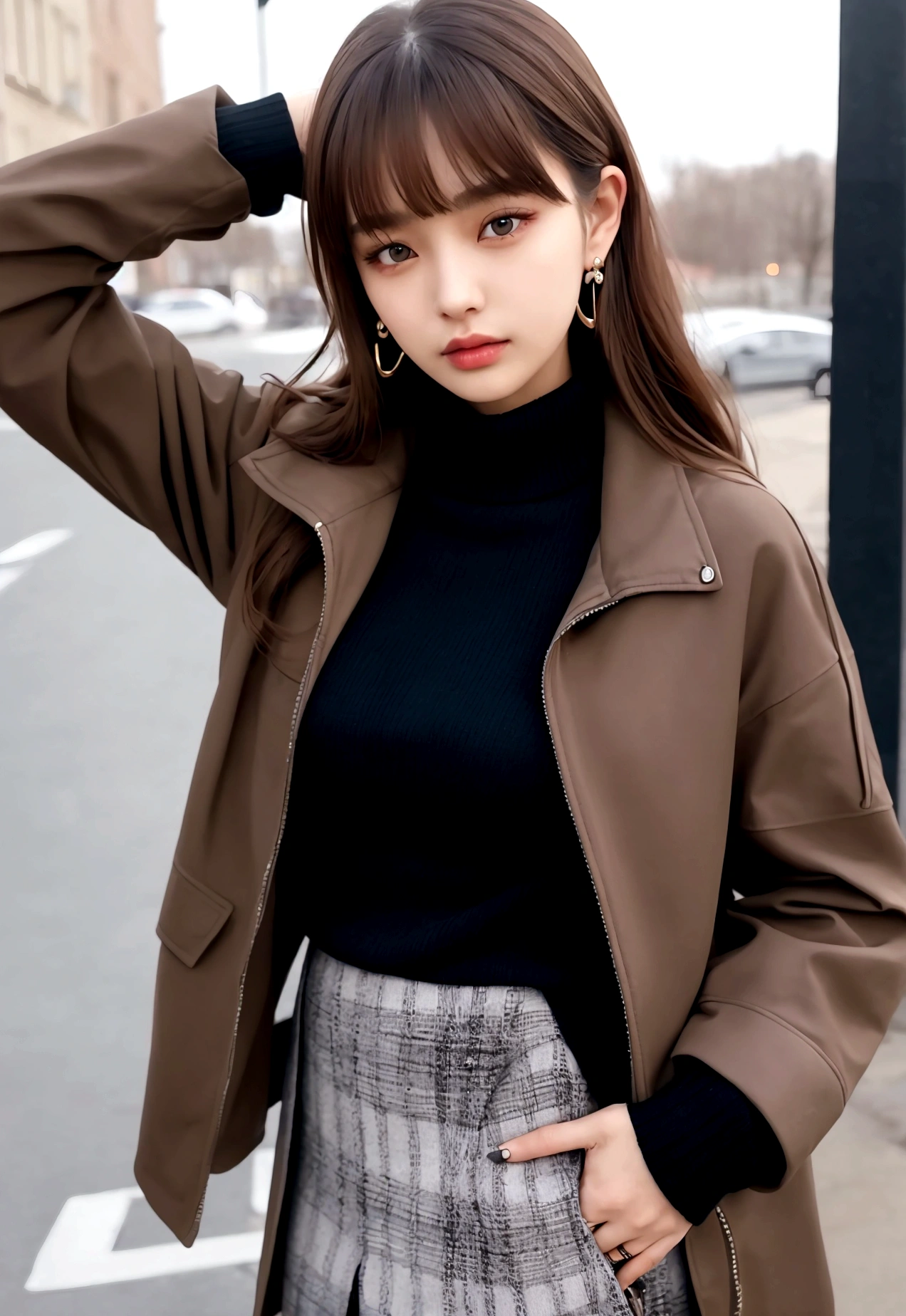 Characterful,, , 1 Girl, Ahog, Bangs, black skirt, black sweater, Blue nails, Vague, Vague background, breast, Brown eyes, Brown hair, brown jacket, Shut up, Outdated, sky, Depth of Field, earrings, eyelash, hands up, Head tilt, jacket, Jewelry, Long hair, Long sleeve, Looking at the audience, medium breast, Nail polish, Open clothes, open jacket, outdoor, Pursed lips, Tuck your shirt into your pants, Side lock, skirt, Sleeves over wrists, Solitary, sweater, Upper Body, zipper, , , ((masterpiece)), ,