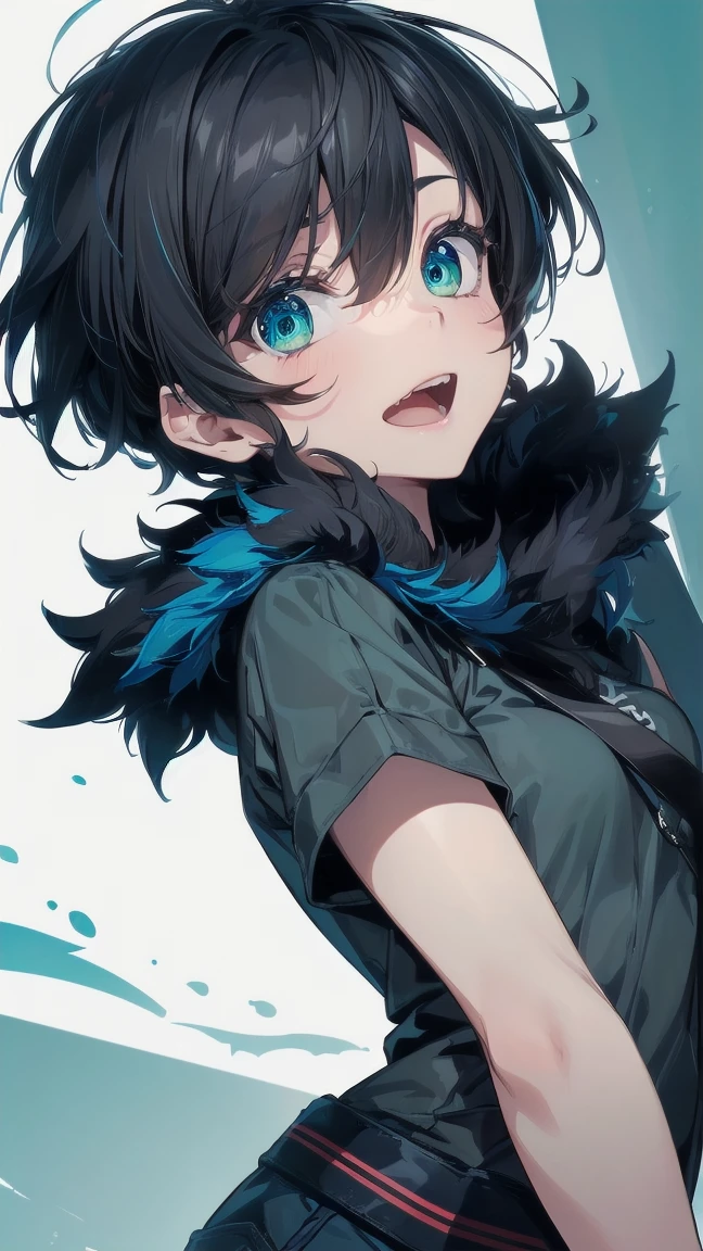 Close-up of a cartoon girl with blue hair and a yellow shirt, 2D Animation, 2D Animation style, 2D Art, 2D Art, 2D from Gorillaz, 2D from Gorillaz, 2D Gorillaz, Screaming Cerket, 2D Sprites, Jinx Face, short hair, Small breasts, hot pants, ((Black Hair, Bright blue fur inside:1.4))