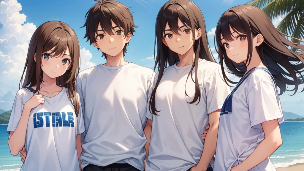 One girl, One boy,Male and female couple ,Put your hands around your back,Hands are pieces,smile,blue sky,high school student,Boys wear baseball caps,girl has long hair,Brown Hair,Soft Light,Brown eyes,瞳にSoft Light,cute,Just two people,Wearing a uniform