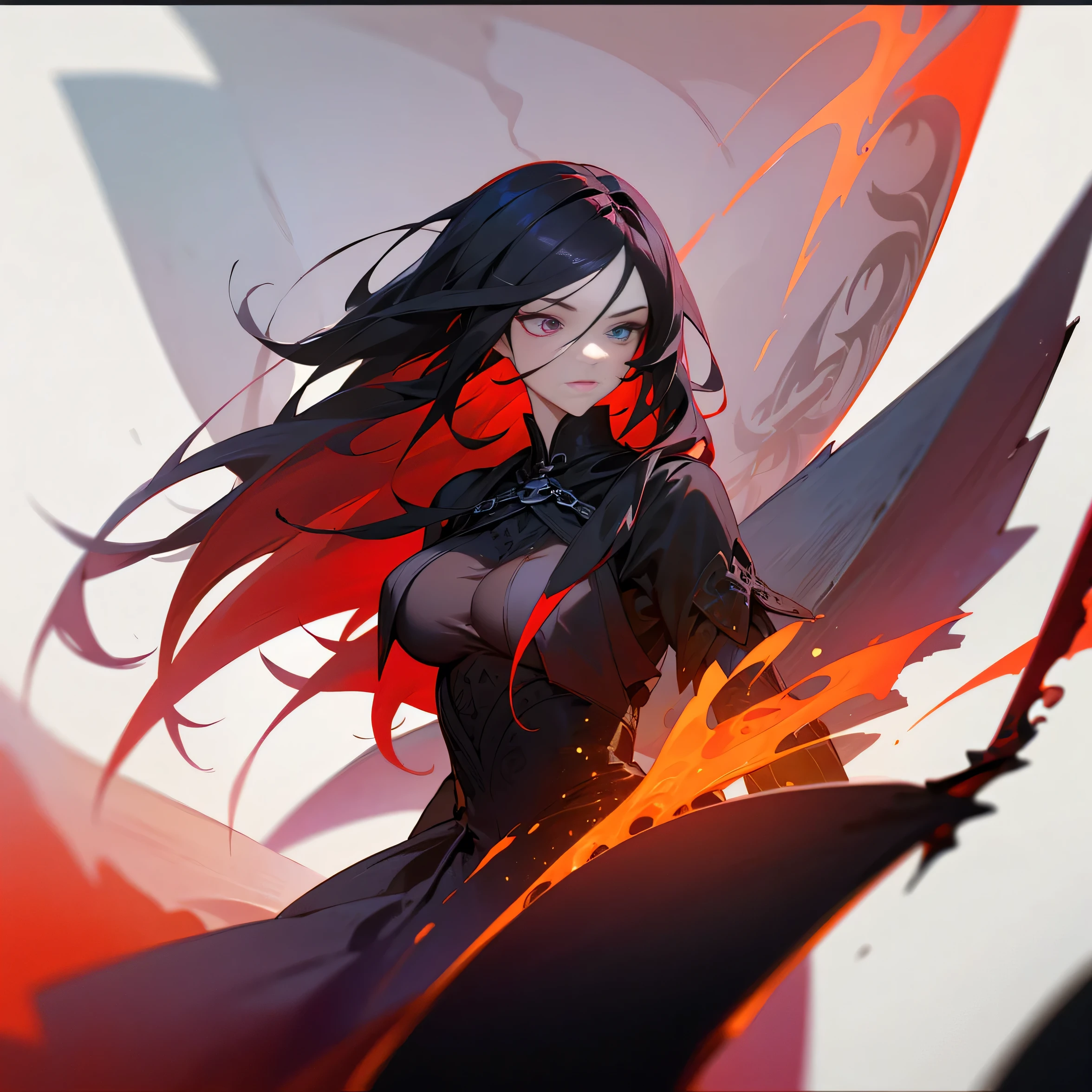 Elegant woman with cool red-purple heterochromia eyes, wearing a red dress, long black hair (top quality, 8k, high, masterpiece), highly detailed facial features, intricate details, natural lighting, warm color, soft focus, digital painting, fantasy art, silhouette, red light, eerie atmosphere, foggy, Scythe, weapon, red aura, black particles, big breasts.