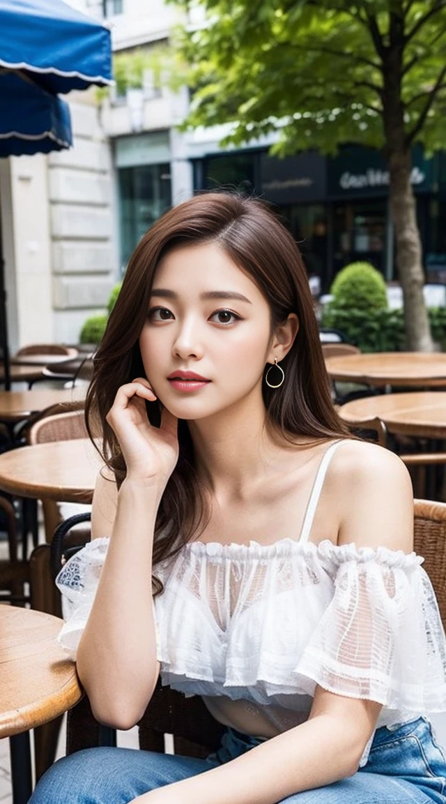 Dark brown hair、Light brown eyes、Japanese actress、 Lady、I am about 40 years old...........、(Intricate details:1.2)、 (Ultra-high resolution:1.2)、Ultra-high resolution、(Finely tuned)、(Detailed facial features)、Hmph、8K resolution、D cup size breasts、Long Hair、TulleTop、FrillsTop、Tulle　Frills　Top、Denim pants、At the terrace cafe、Basking in the sunshine、Sitting on a chair on the terrace、summer、hot、Trending Fashion、2024、Open your chin a little、Open your mouth a little、A street cafe in Paris、Fashionable cafes in Paris、