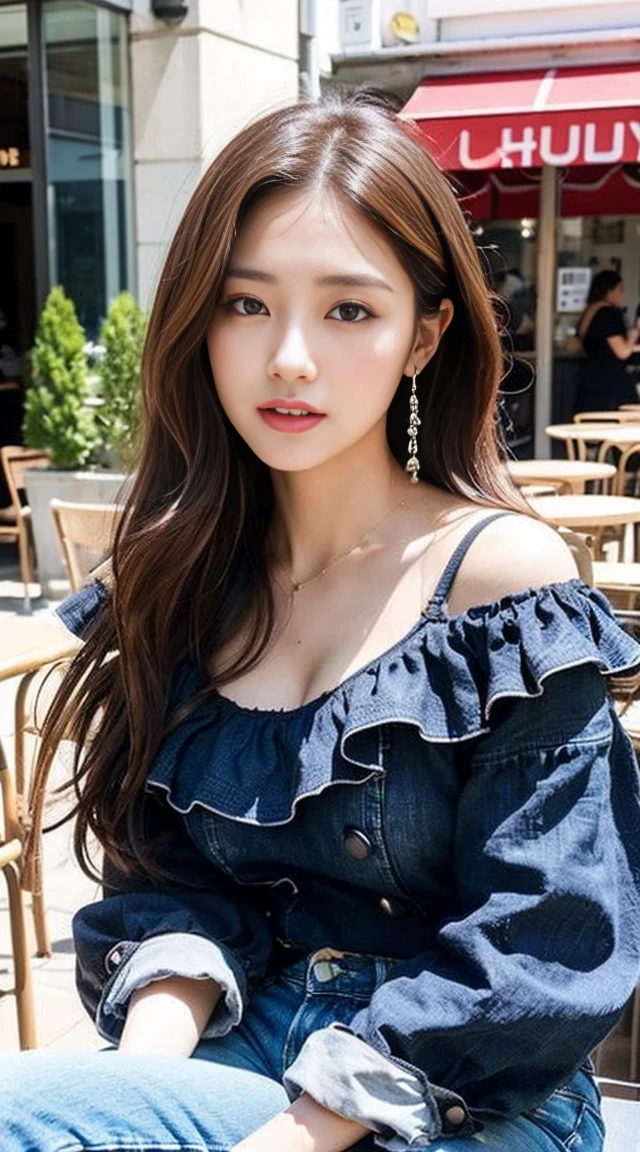 Dark brown hair、Light brown eyes、Japanese actress、 Lady、I am about 40 years old...........、(Intricate details:1.2)、 (Ultra-high resolution:1.2)、Ultra-high resolution、(Finely tuned)、(Detailed facial features)、Hmph、8K resolution、D cup size breasts、Long Hair、TulleTop、FrillsTop、Tulle Frills Top、Denim pants、At the terrace cafe、Basking in the sunshine、Sitting on a chair on the terrace、summer、hot、Trending Fashion、2024、Open your chin a little、Open your mouth a little、A street cafe in Paris、Fashionable cafes in Paris、