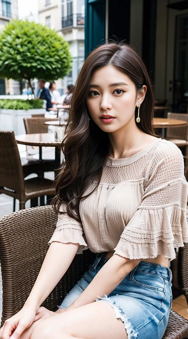 Dark brown hair、Light brown eyes、Japanese actress、 Lady、I am about 40 years old...........、(Intricate details:1.2)、 (Ultra-high resolution:1.2)、Ultra-high resolution、(Finely tuned)、(Detailed facial features)、Hmph、8K resolution、D cup size breasts、Long Hair、TulleTop、FrillsTop、Tulle Frills Top、Denim pants、At the terrace cafe、Basking in the sunshine、Sitting on a chair on the terrace、summer、hot、Trending Fashion、2024、Open your chin a little、Open your mouth a little、A street cafe in Paris、Fashionable cafes in Paris、