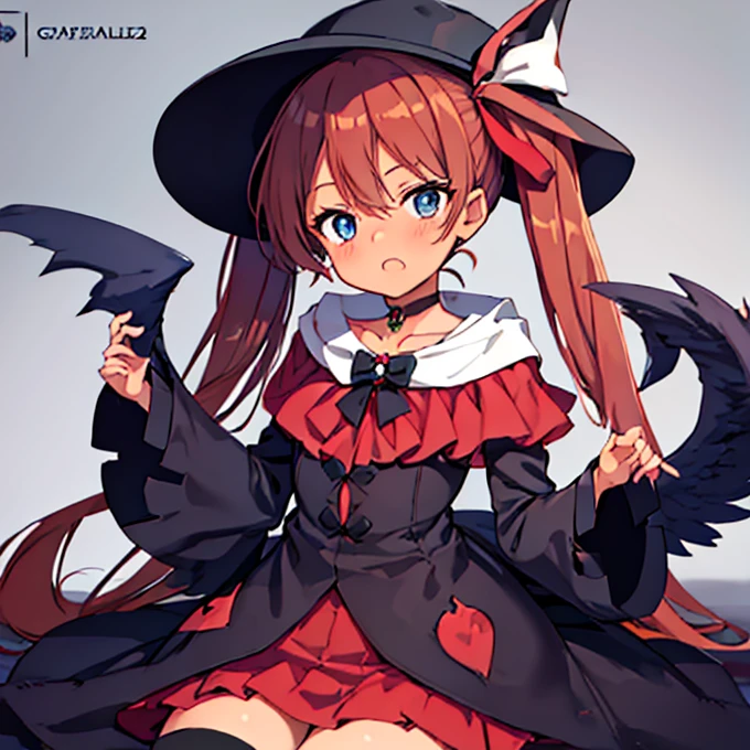 Anime girl with blue eyes and a black hat with red and white design, gapmoe Yandere grimdark, Anime Moe Art Style, 2D Anime Style, gapmoe Yandere, Shalltear Bloodfallen, Hero 2D Fan Art Art Station, Tear from Overlord, Dark Sky、 Holy Cyborg Necromancer Girl, Yandere