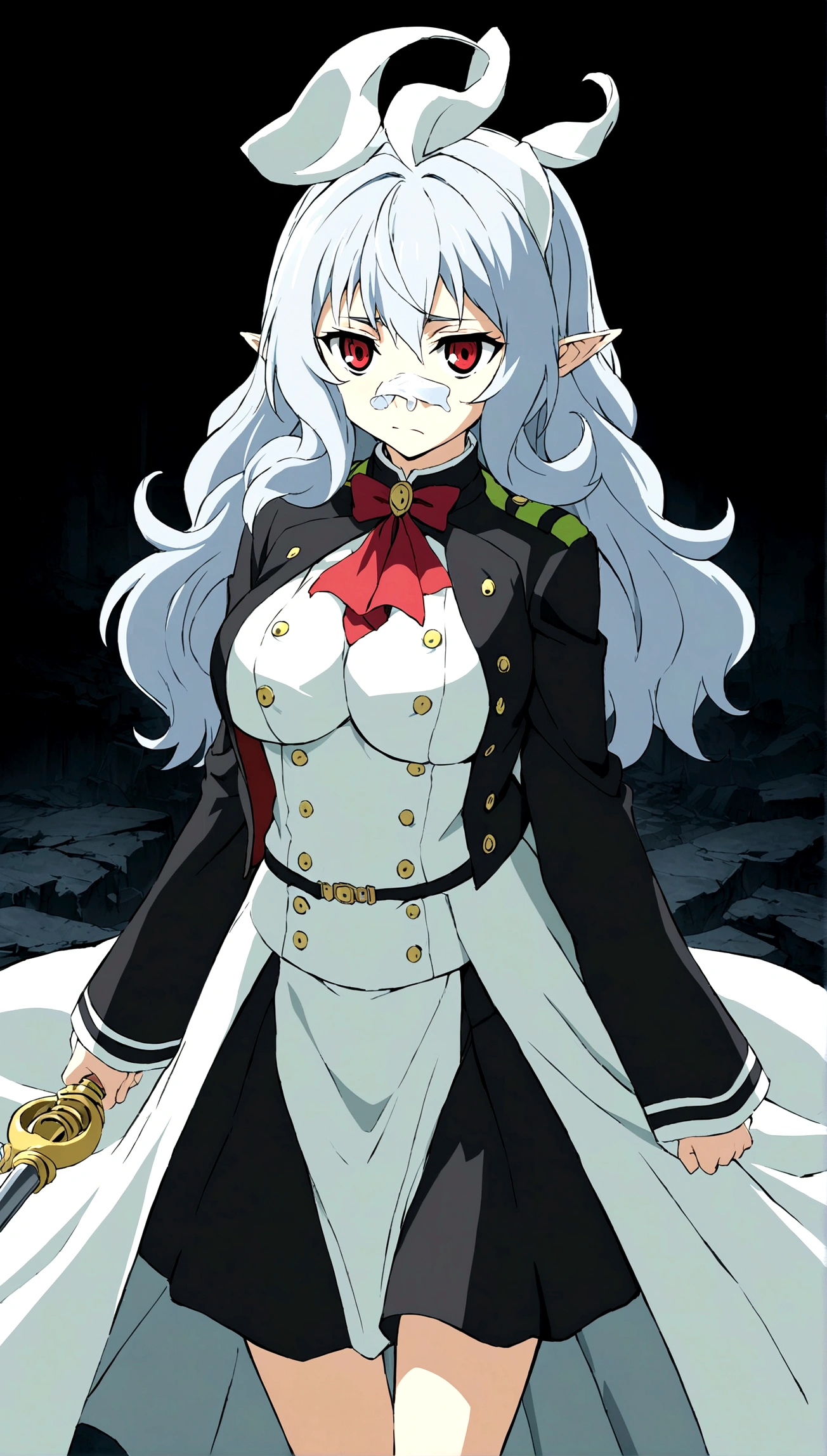 Anime. Owari no Seraph. 1 Girl. Dear . A vampire. Progenitor Clumsy. Silver hair. Wavy hair. Long hair. Red eyes. Beautiful eyes. Perfect eyes. Expressive eyes. Ideal face. Perfect body. Beautiful long ones. legs. Beautiful nose. 18 years. Big breasts. Standing. Full length Beautiful character design. Shiny skin. Pointy ears. White dress. Vampire uniform dress from
Owari no Seraph. Black stockings. Heeled shoes. Rapier in right hand. Cold. Runny nose. Nasal mucus. Snot. Snot flows from the nose. She wants to sneeze. She needs to sneeze. She has a strong, desperate urge to sneeze. She sneezed. Sneezes with snot. sneezes while standing upright. Handkerchief. Hand with a handkerchief near the face. Blows his nose. Ruins of Tokyo. Full body. NSWF. Official art. Extremely detailed CG Unity 8k wallpaper. Ideal lighting. Ultra high resolution 4K. Super detailed 8K. A high resolution.