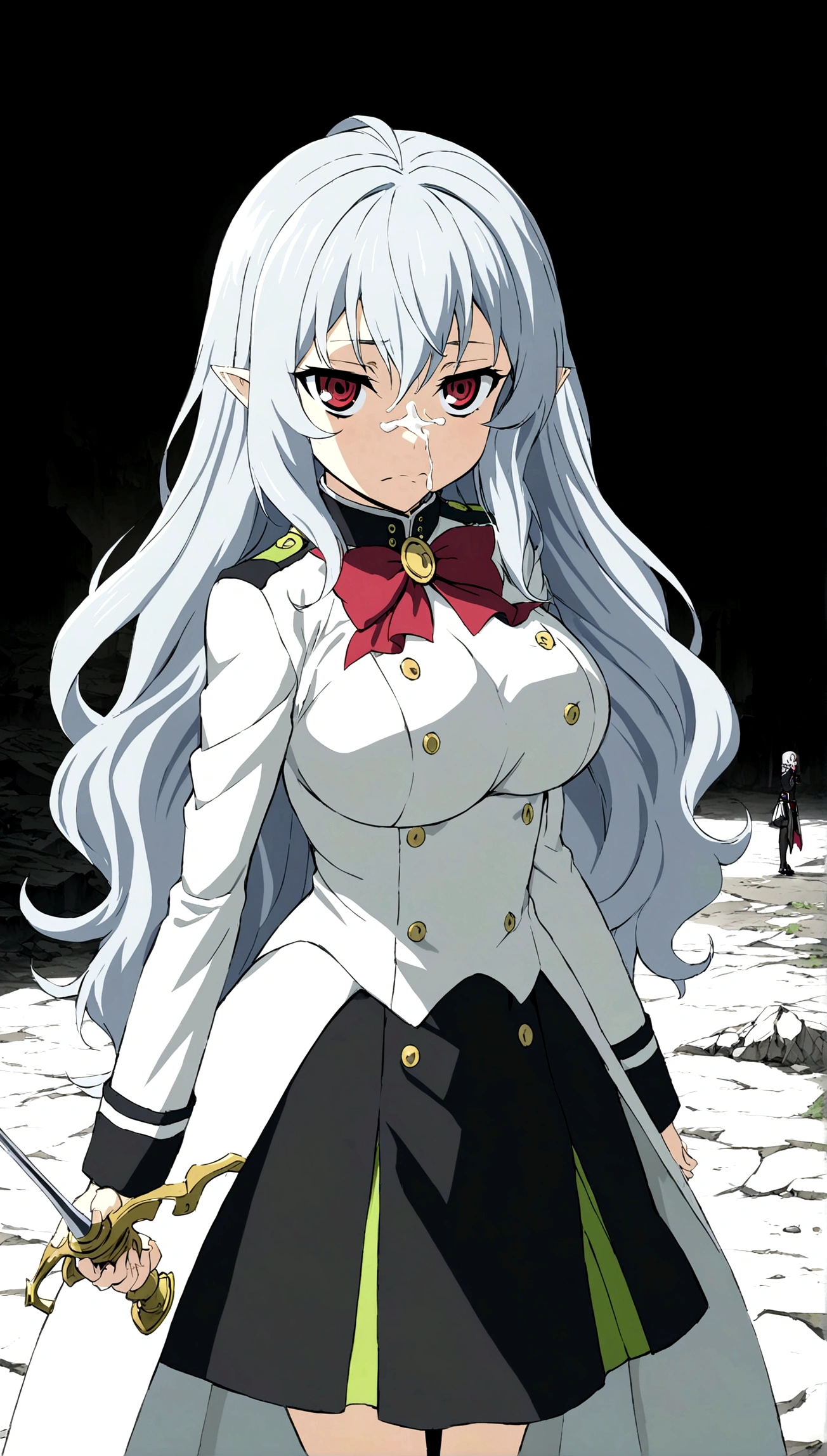 Anime. Owari no Seraph. 1 Girl. Dear . A vampire. Progenitor Clumsy. Silver hair. Wavy hair. Long hair. Red eyes. Beautiful eyes. Perfect eyes. Expressive eyes. Ideal face. Perfect body. Beautiful long ones. legs. Beautiful nose. 18 years. . Standing. Full length Beautiful character design. Shiny skin. Pointy ears. White dress. Vampire uniform dress from
Owari no Seraph. Black stockings. Heeled shoes. Rapier in right hand. Cold. Runny nose. Nasal mucus. Snot. Snot flows from the nose. She wants to sneeze. She needs to sneeze. She has a strong, desperate urge to sneeze. She sneezed. Sneezes with snot. sneezes while standing upright. Handkerchief. Hand with a handkerchief near the face. Blows his nose. Ruins of Tokyo. Full body. NSWF. Official art. Extremely detailed CG Unity 8k wallpaper. Ideal lighting. Ultra high resolution 4K. Super detailed 8K. A high resolution.