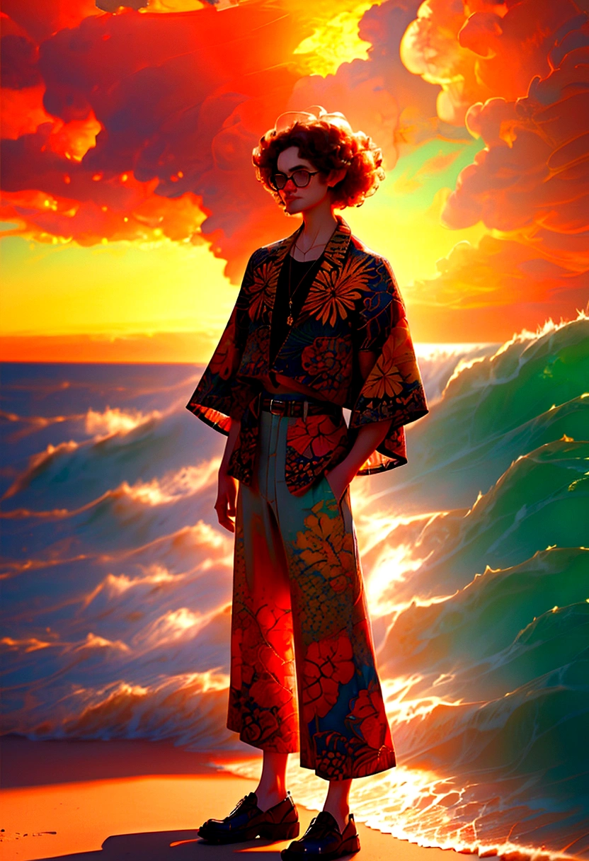 close shot a man with short curly hair wearing a hawaiian shirt and glasses, standing on a beach in warm sunlight, highly detailed, digital art, anime style, 8k, best quality, masterpiece, vibrant colors, dynamic lighting, intricate details, beautiful scenery, serene atmosphere