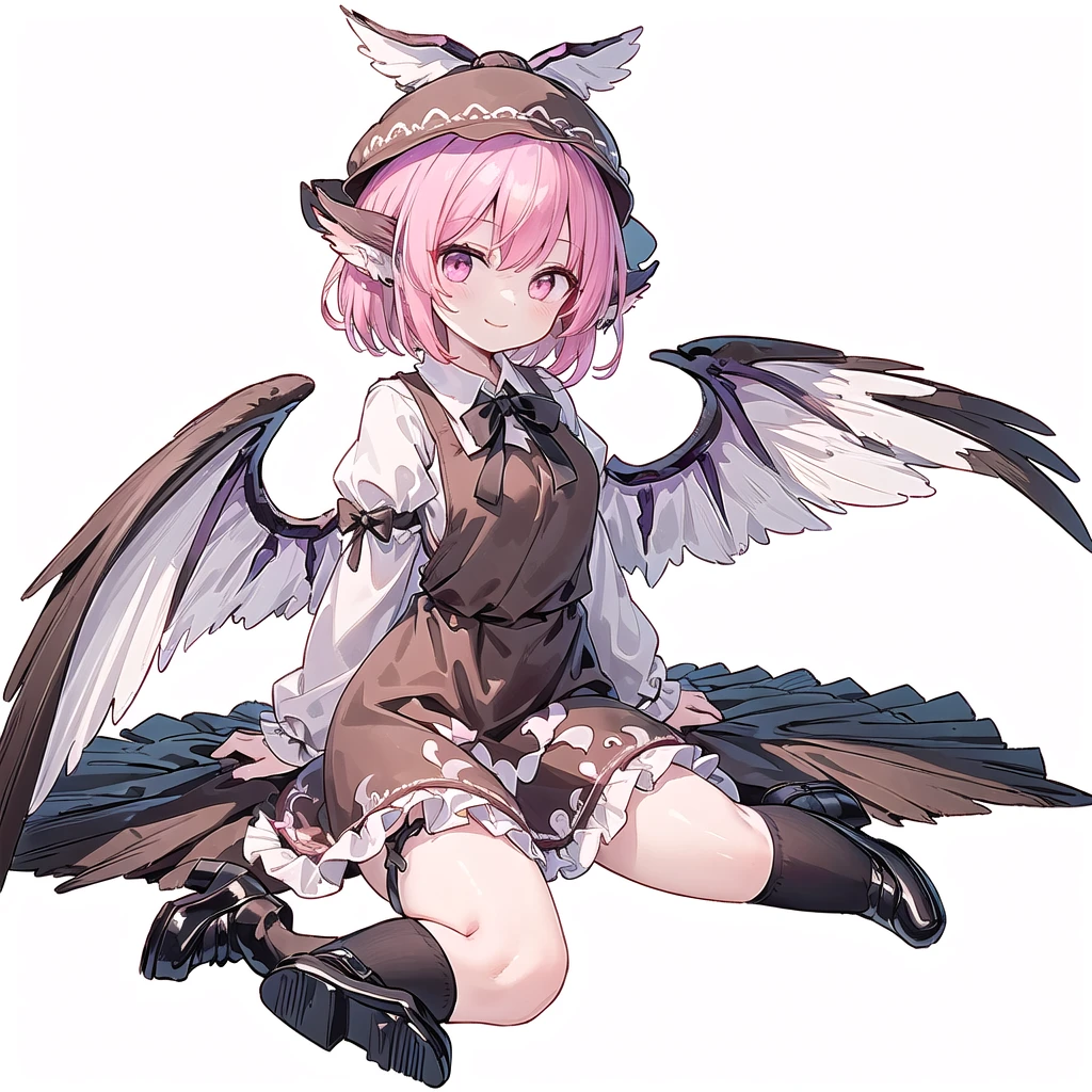 (((one girl))), (((mystia lorelei))),(((touhou))),(((short hair,pink hair))),(((pink eyes))),(((bird wings,feathered wings,white wings))),(((bird ears))),(((brown headwear, hat))),(((brown dress,pinafore dress,white shirt,collared shirt,dress bow,pink bow,long sleeves,frilled sleeves,sleeve garter, brown legwear,kneehighs,black footwear,winged hat,winged footwear))),(((smile))),(((full body))),(((arm behind head))),(((wariza))),(((simple white background))),(((from front)))