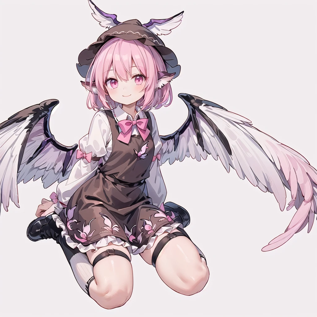 (((one girl))), (((mystia lorelei))),(((touhou))),(((short hair,pink hair))),(((pink eyes))),(((bird wings,feathered wings,white wings))),(((bird ears))),(((brown headwear, hat))),(((brown dress,pinafore dress,white shirt,collared shirt,dress bow,pink bow,long sleeves,frilled sleeves,sleeve garter, brown legwear,kneehighs,black footwear,winged hat,winged footwear))),(((smile))),(((full body))),(((arm behind head))),(((wariza))),(((simple white background))),(((from front)))