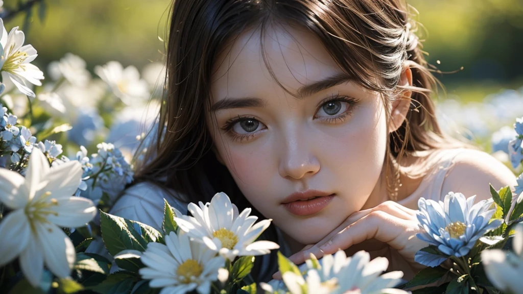 (Absurd,Ultra-high resolution,Super detailed),(Blue and white),Mature Woman,Bust photo,Surrounded by flowers,Blurred flower background,(Blurred:1.3,Soft Lighting:1.4,Cinematic light:1.4)