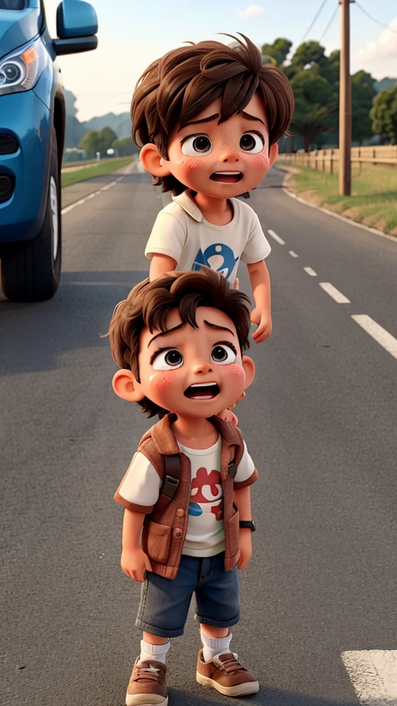 A kid crying loudly on road