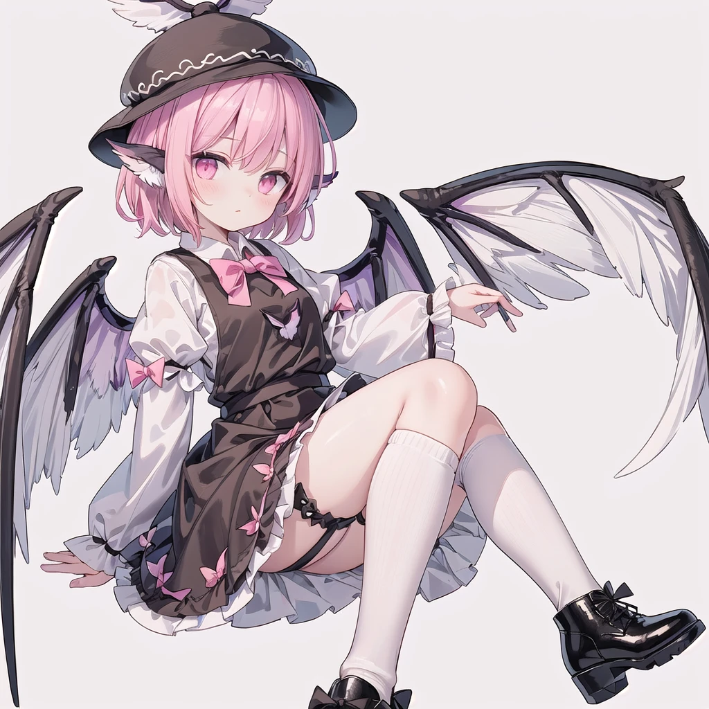 (((one girl))),(((mystia lorelei))),(((touhou))),(((short hair,pink hair))),(((pink eyes))),(((bird wings,feathered wings,white wings))),(((bird ears))),(((brown headwear, hat))),(((brown dress,pinafore dress,white shirt,collared shirt,dress bow,pink bow,long sleeves,frilled sleeves,sleeve garter, brown legwear,kneehighs,black footwear,winged hat,winged footwear))),(((model posing))),(((simple white background))),(((Diagonal angle)))