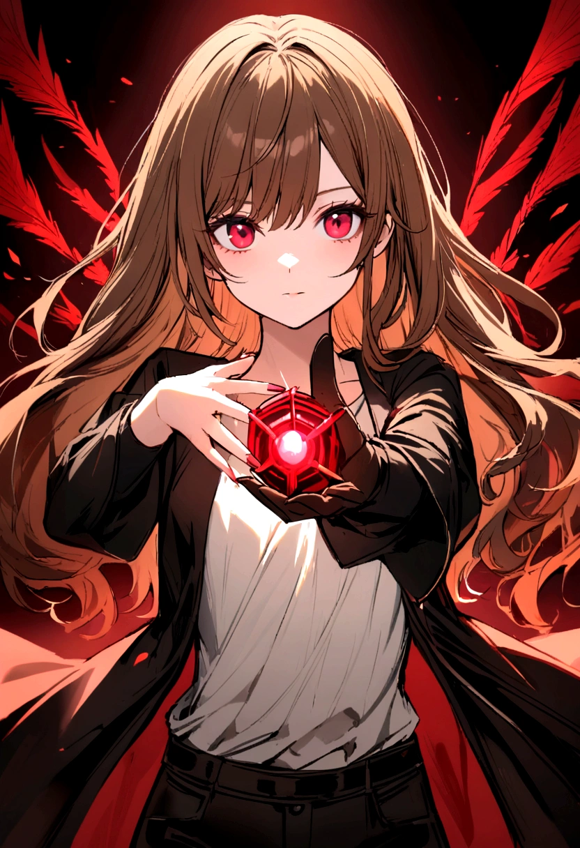 a nice young girl with brown hair, ruby eyes who has a white t-shirt with black sleeves and black pants who has the power of an assassin