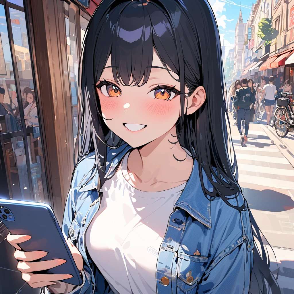 (masterpiece:1.5), highest quality, Super detailed, very detailed, exquisite, 16k, Full HD, very aesthetic, absurdres, anime style, 1girl, high school girl, beautiful, female, super sexy girl, 18 years old, long black straight hair, joyful smile, trendy casual fashion, denim jacket, white T-shirt, shorts, sneakers, holding smartphone, taking, busy street with cafes and boutiques, sunny afternoon, bright sunlight on girl's face, soft shadows, people and bicycles in the background, blue sky and tall buildings in the distance, sharp focus on subject, vivid colors, cheerful and lively atmosphere, warm sunlight feel