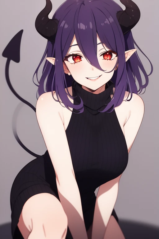 Vermilion,1 girl,alone,old,dress,Red eyes,large old,demon girl,looking at the viewer,short dress,turtleneck,sleeveless,bare shoulders,black dress,hair between the eyes,virgin killer sweater,multicolor fur,faded hair,evil smile,(purple hair:1.2),simple background,