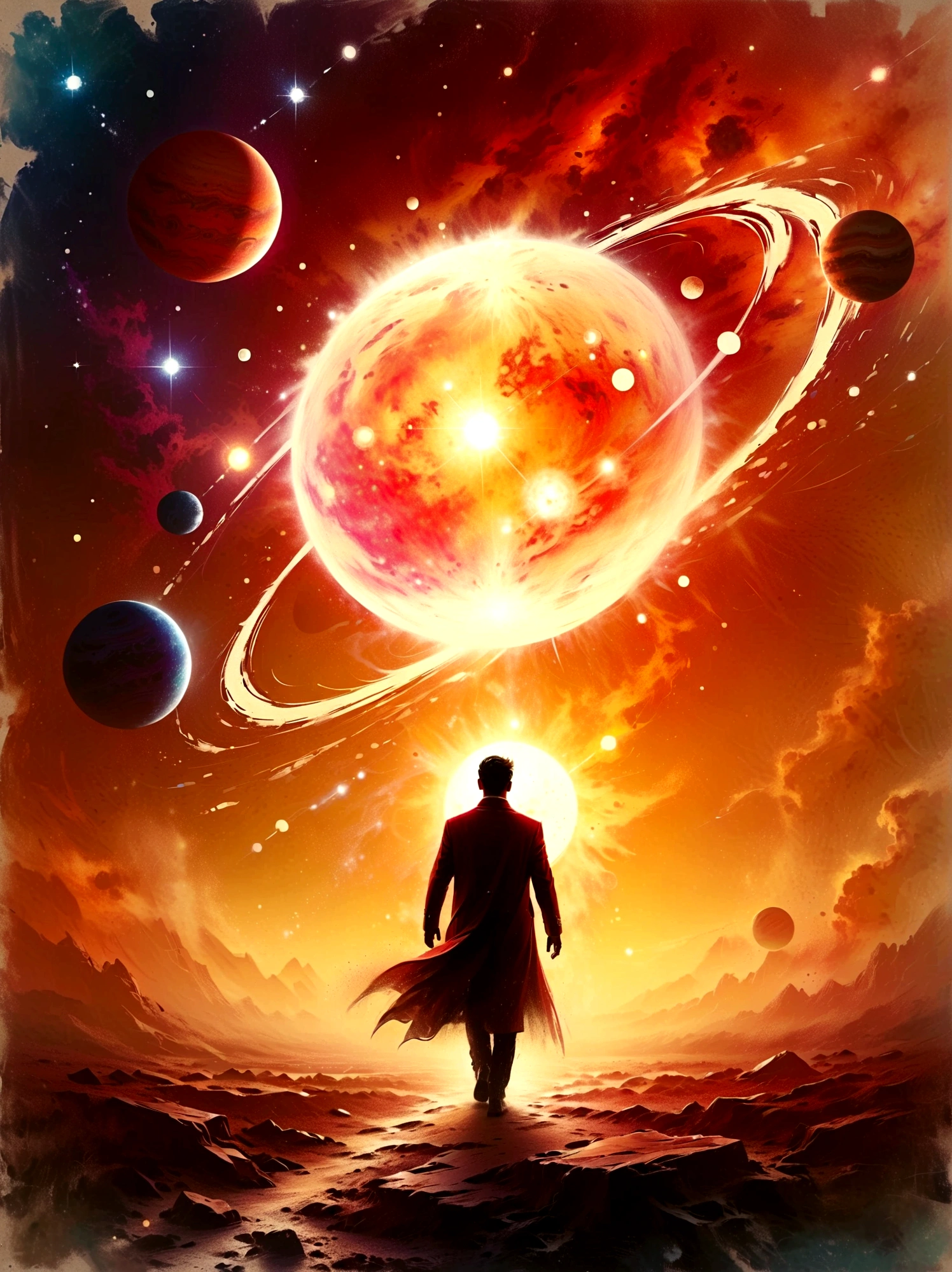 mystical astrologer in ancient library, starry galaxy projected on walls, astrological symbols glowing softly, astrologer wearing rich velvet robe with golden celestial patterns, holding a brass astrolabe, candlelit environment casting warm light on ancient texts, high intricate detailed face with sage-like wise expression, beautiful detailed eyes, strong detailed nose, mystical ambient lighting, (best quality, 8k,highres,masterpiece), vintage astrological tools, mysterious atmosphere, enchanted ancient library, age-worn books and scrolls, scattered star charts, lush curtain draperies in deep purple, intricate hairstyles, detailed beard and mustache, ambient occlusion, old wooden furniture, (oil painting style,enchanted,vivid colors)