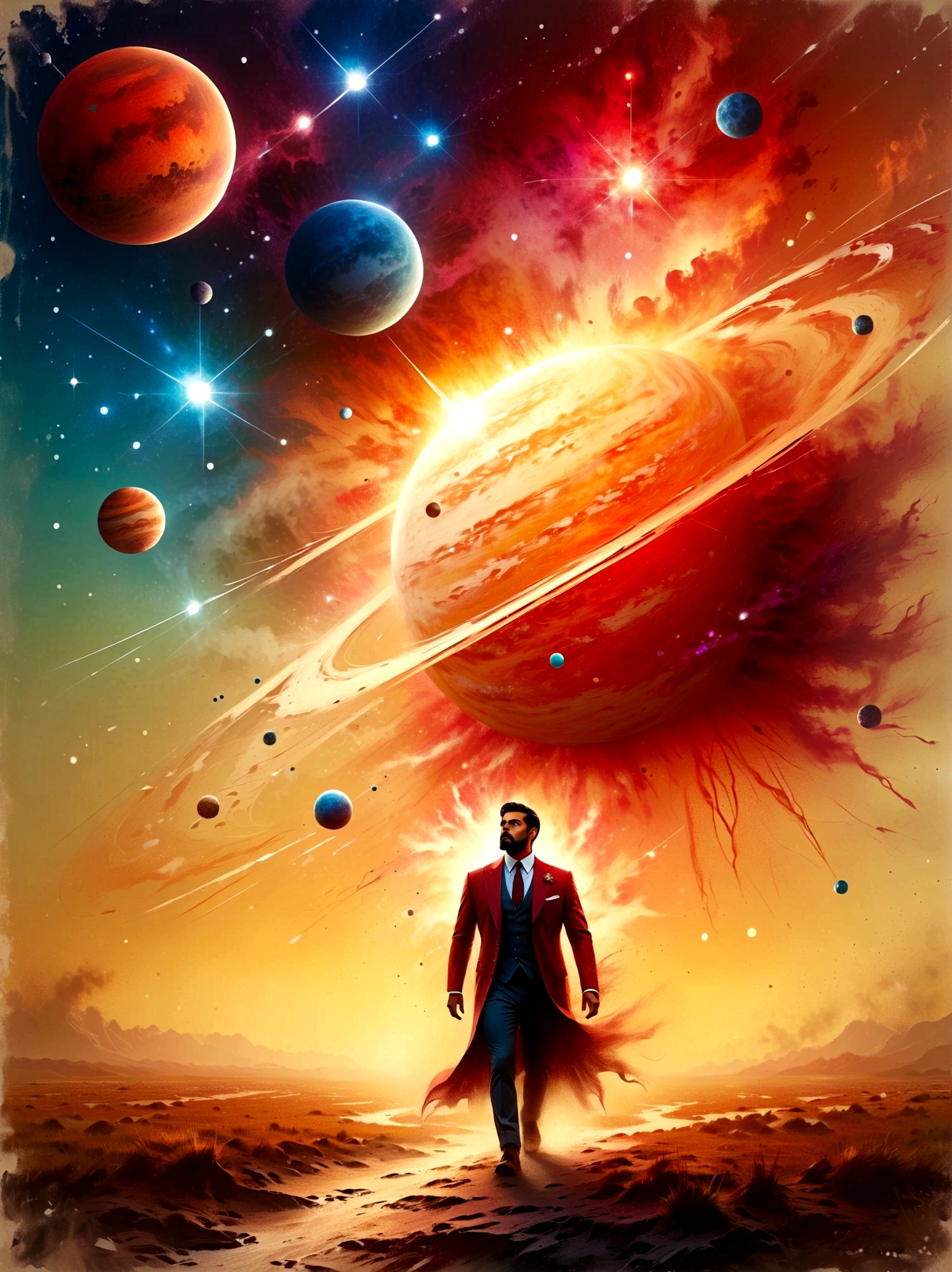 mystical astrologer in ancient library, starry galaxy projected on walls, astrological symbols glowing softly, astrologer wearing rich velvet robe with golden celestial patterns, holding a brass astrolabe, candlelit environment casting warm light on ancient texts, high intricate detailed face with sage-like wise expression, beautiful detailed eyes, strong detailed nose, mystical ambient lighting, (best quality, 8k,highres,masterpiece), vintage astrological tools, mysterious atmosphere, enchanted ancient library, age-worn books and scrolls, scattered star charts, lush curtain draperies in deep purple, intricate hairstyles, detailed beard and mustache, ambient occlusion, old wooden furniture, (oil painting style,enchanted,vivid colors)