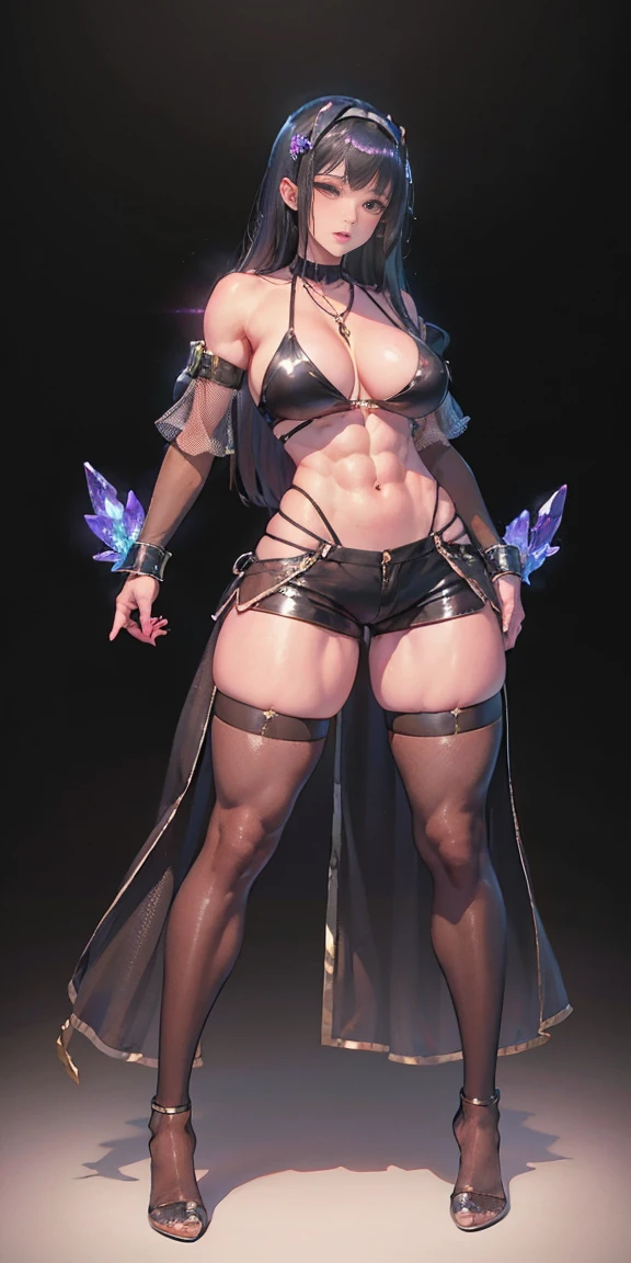 full body masterpiece, 1female, solofemale, milf, bimbo, t-pose, metal neckpiece, crystal gauntlets, glowing armbands, armsleeves, iridescent stockings, strong body, abs, shiny skin, thighbands, (masterpiece, best quality), mesh shorts, (plain background)