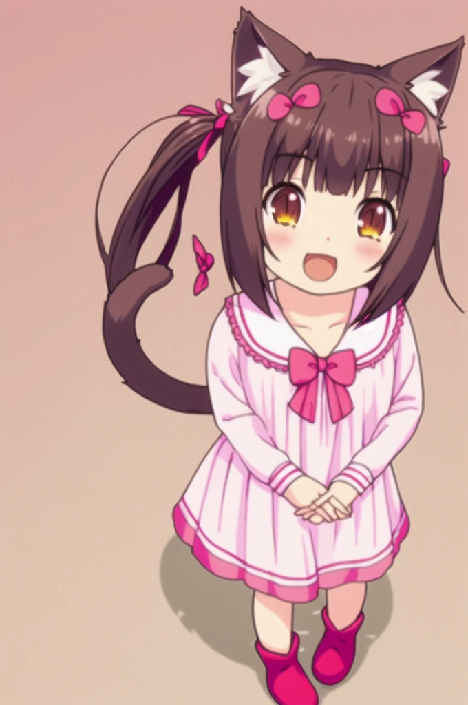 nice hands, perfect hands
solo, qiaokeli, choko, 1girl, animal ears, cat ears, tail, open mouth, ribbon, cat tail, smile, :d, :3, bow, twintails, hair ribbon, looking at viewer, blush, dress, long sleeves, slit pupils, from above, floral background, bangs, boots, aged down, blunt bangs, white footwear, brown hair, brown eyes, bowtie, hair bow