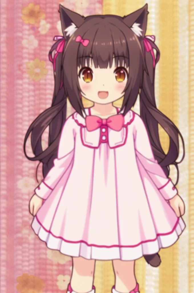 1 girl,cat girl,animal ears,cola,looking at the viewer,SMILE,peace sign,kawaii pink room,heart item,Love,standing,Upper part of the body,
