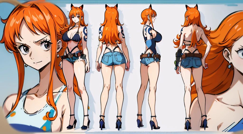 ((Best Quality)), ((Masterpiece)), (((detailed character sheet, frontal view, side view, three quarter view))) white background、one piece、US、whole body、whole bodyイラスト、whole bodyアニメーション、whole bodyリファレンスシート、denim、Tank top、High heels、Swimwear、bikini、original、New World、Long Hair、Orange Hair、Tattoo on left arm、Ring belt、Heighten your head、smile、Cute face、Big Breasts、Narrow waist、Long legs、Beautiful feet
