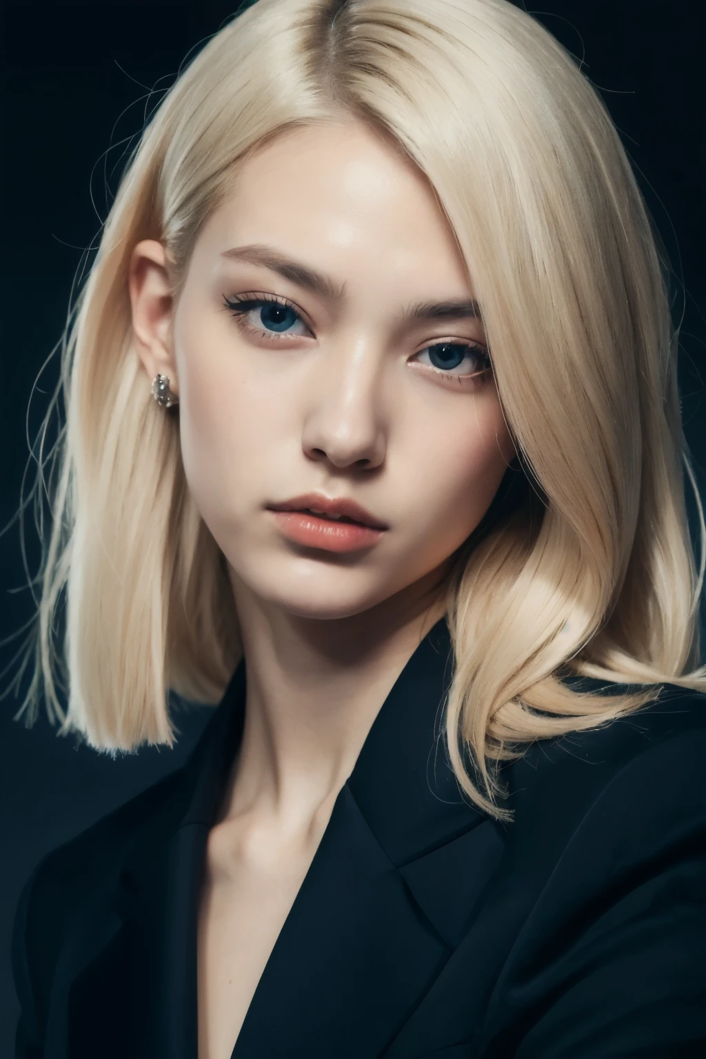 Portrait of European girl,Solitary,20 years old,Pretty Face,Upper body,Hair covering one eye,Medium side cut, Blonde hair, Clear focus,Black suit