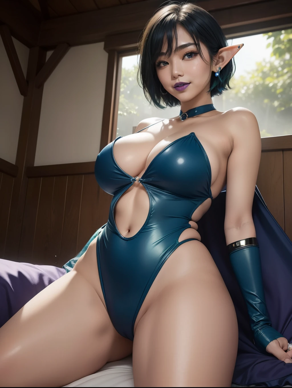 From below、Dark green hair、Blue strapless slingshot swimsuit(nsfw)、Open your mouth、A big smile、vapor、Wet、Sweat、The shape of the tip of the chest is clearly visible.、Erect nipples(nsfw)、The areola is visible、Exposing the nipples(nsfw)、short hair、amount、Elf、Super big breasts、Dark blue lipstick、Purple Lipstick、Blue collar、Blue fingerless gloves、Blue Pearl Earrings、Seductive pose、Spread your legs、bed、Lying down