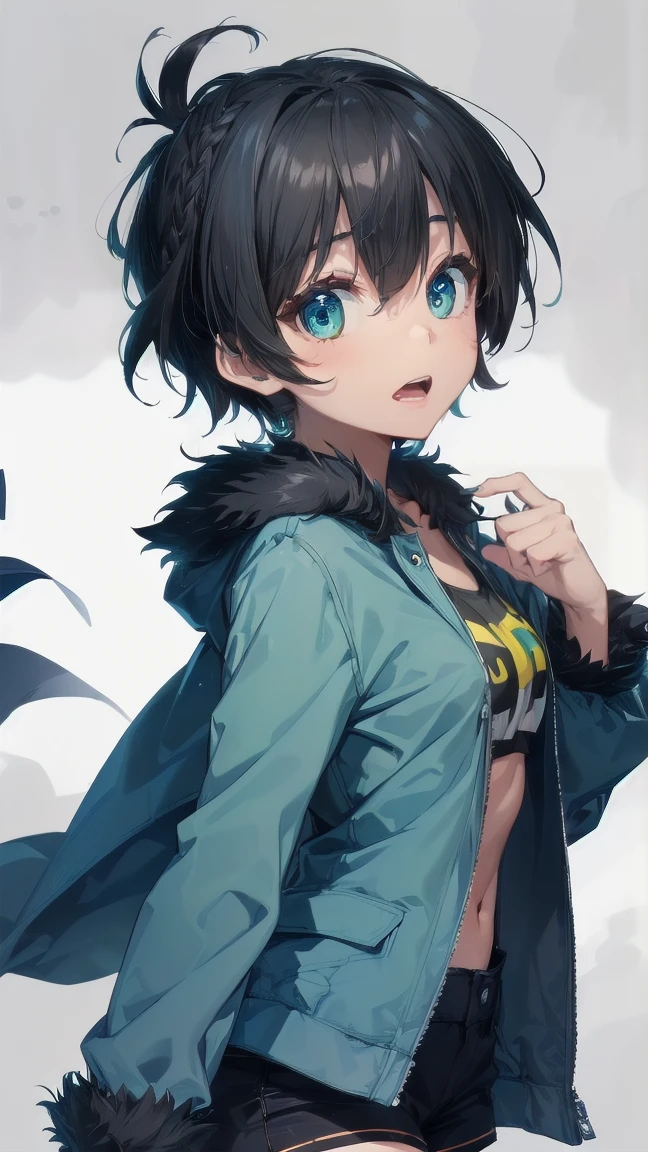 Close-up of a cartoon girl with blue hair and a yellow shirt, 2D Animation, 2D Animation style, 2D Art, 2D Art, 2D from Gorillaz, 2D from Gorillaz, 2D Gorillaz, Screaming Cerket, 2D Sprites, Jinx Face, short hair, Small breasts, hot pants, ((Black Hair, Bright blue fur inside:1.4))