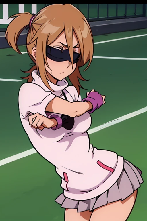 tennis girl in tight mini virgin killer sweater, erect nipples, wearing oven mittens tucked in pockets, blindfold